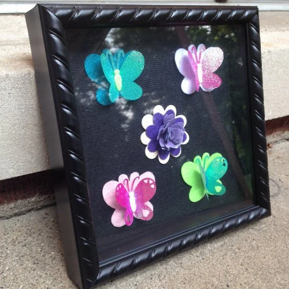 Pink, Green, and White 3d Butterfly and Flower Mixed Media Shadowbox