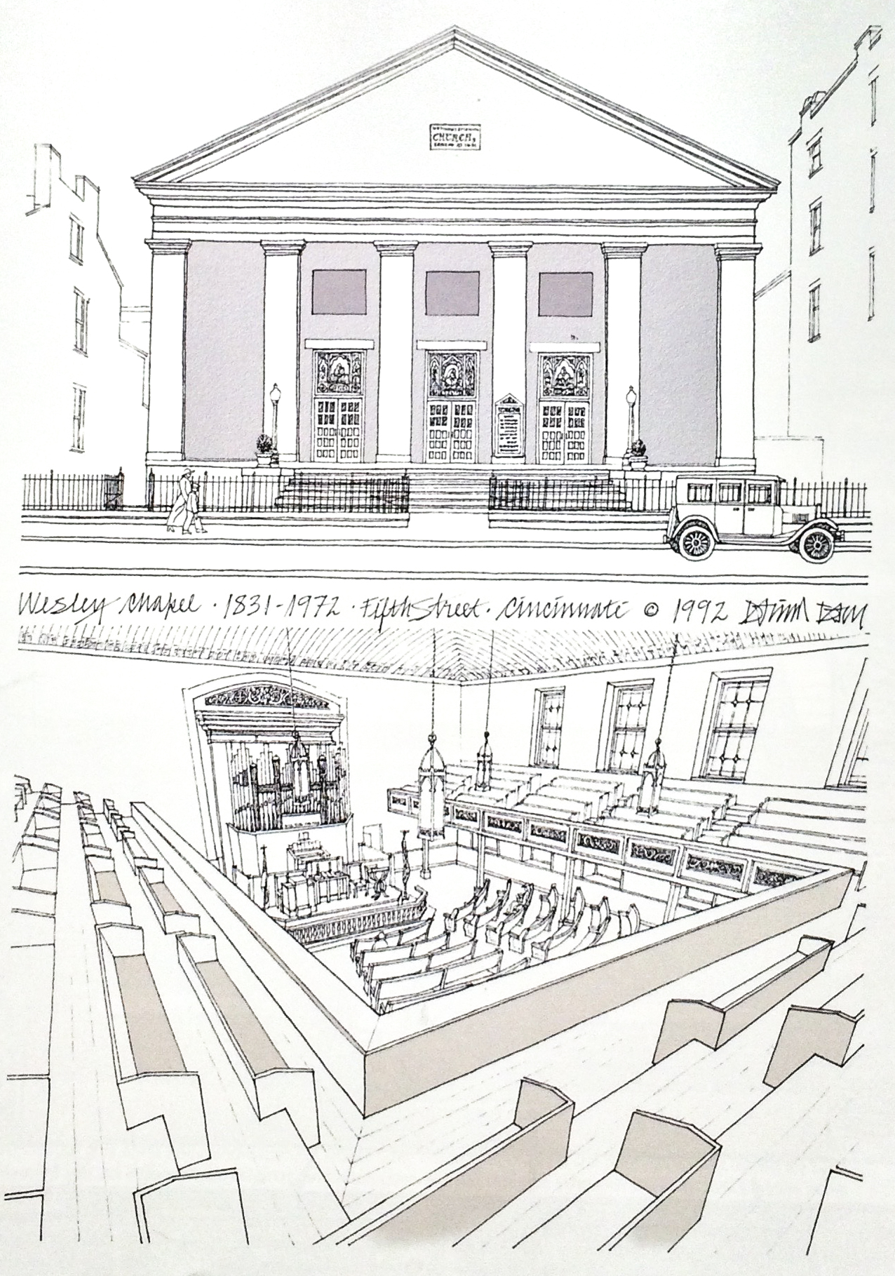 Illustration of Wesley Chapel from " Vanishing Cincinnati " by David and Barbara Day.