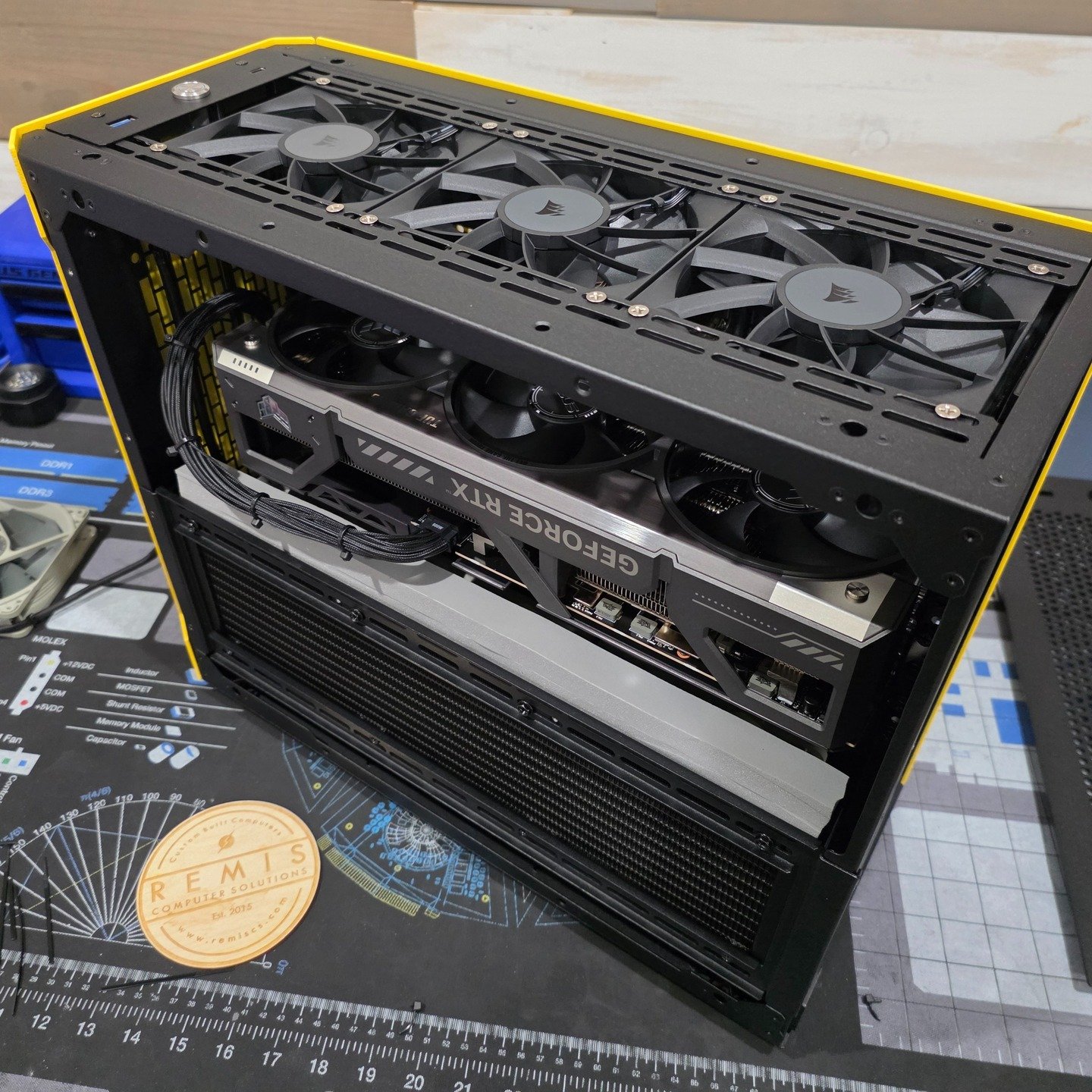 🥵 Thermals were a little tricky with this Sliger S640 chassis and an RTX 5090!

😎 Solution:
 &bull; Added high-density foam above the radiator (visible in gray) to seal the gap and stop hot air recirculation
 &bull; Installed three 120mm exhaust fa