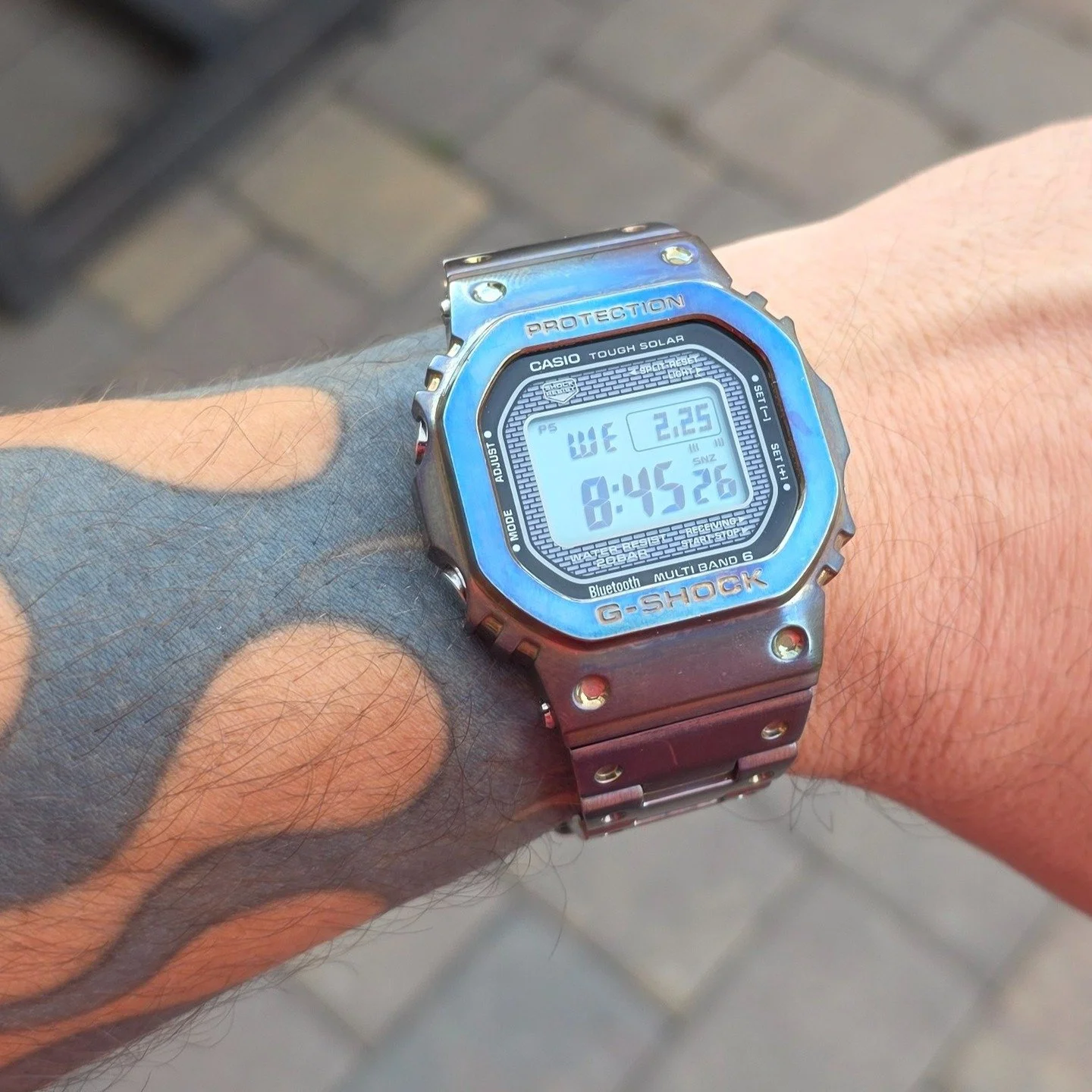 Decided to have some fun with my most worn watch, the 
@gshock_us 
 GMW B5000D-1. It is a true tool watch and helps me stay on time! 

Added a little color by torching it. First time doing this intentionally 😆

#gshock #gmwb5000 #fullmetalgshock
