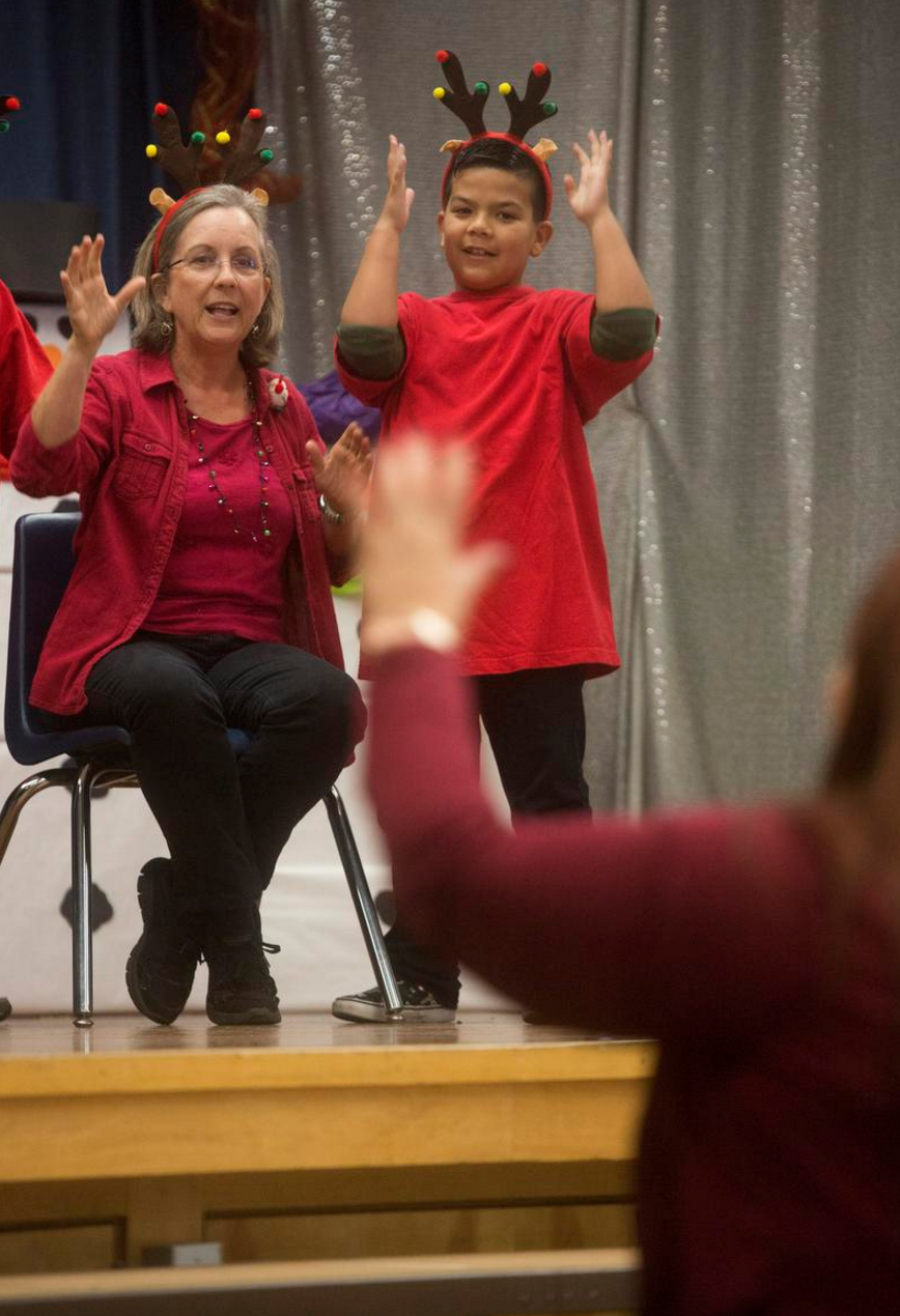  Susanne Seiden and Camerson Moore perform in a holiday concert presented by Raymond Temple Elementary's Deaf and Hard of Hearing program on Thursday, December 15, 2016. Photography by Drew A. Kelley, Contributing Photographer.&nbsp; 