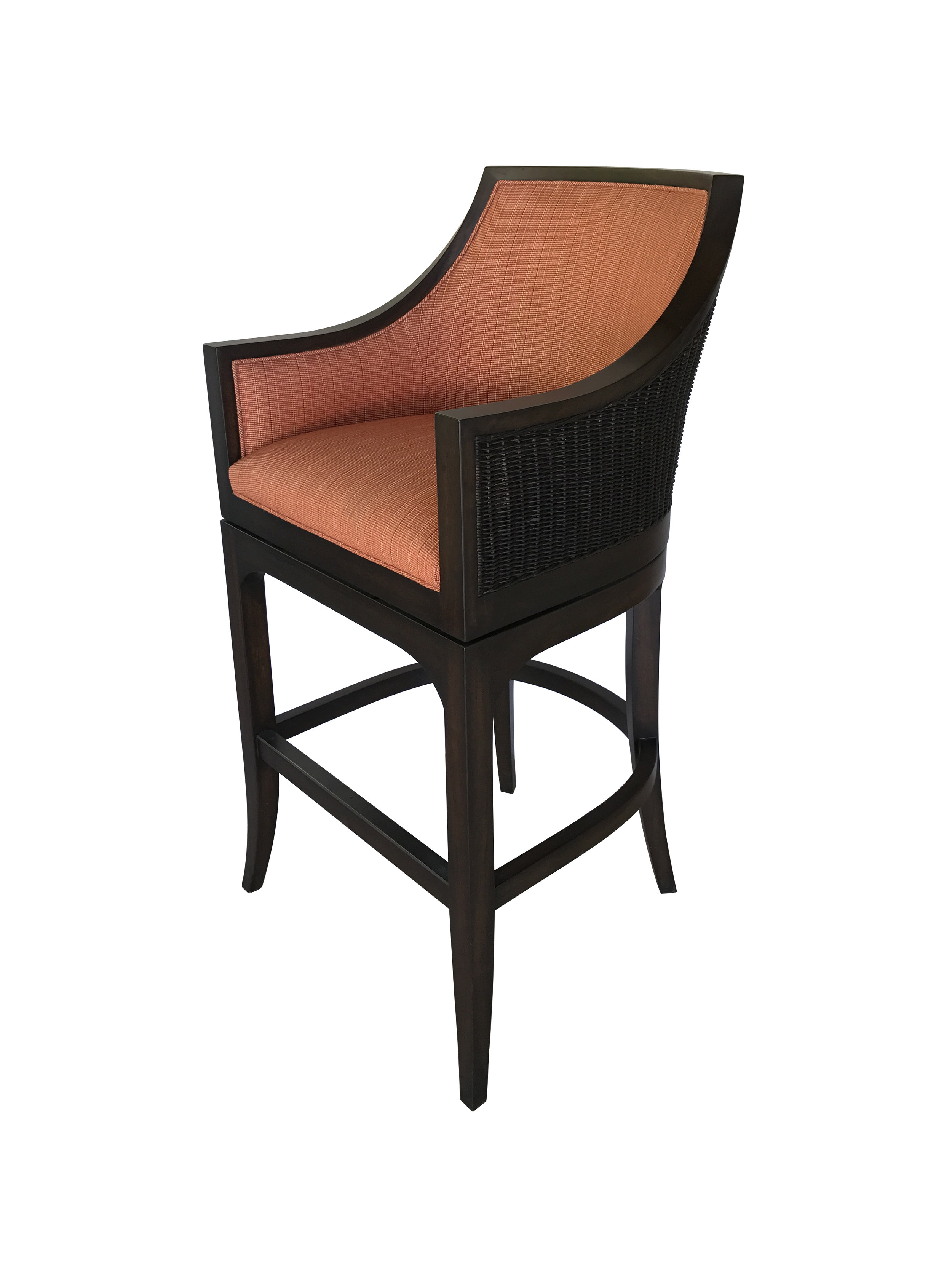 Outdoor barstool with caned back.