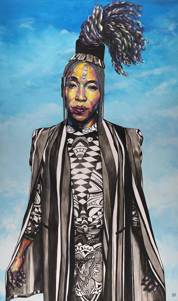 Umlilo, @kwaai_diva . Johannesburg, South Africa. Acrylic on canvas. 36” x 60”