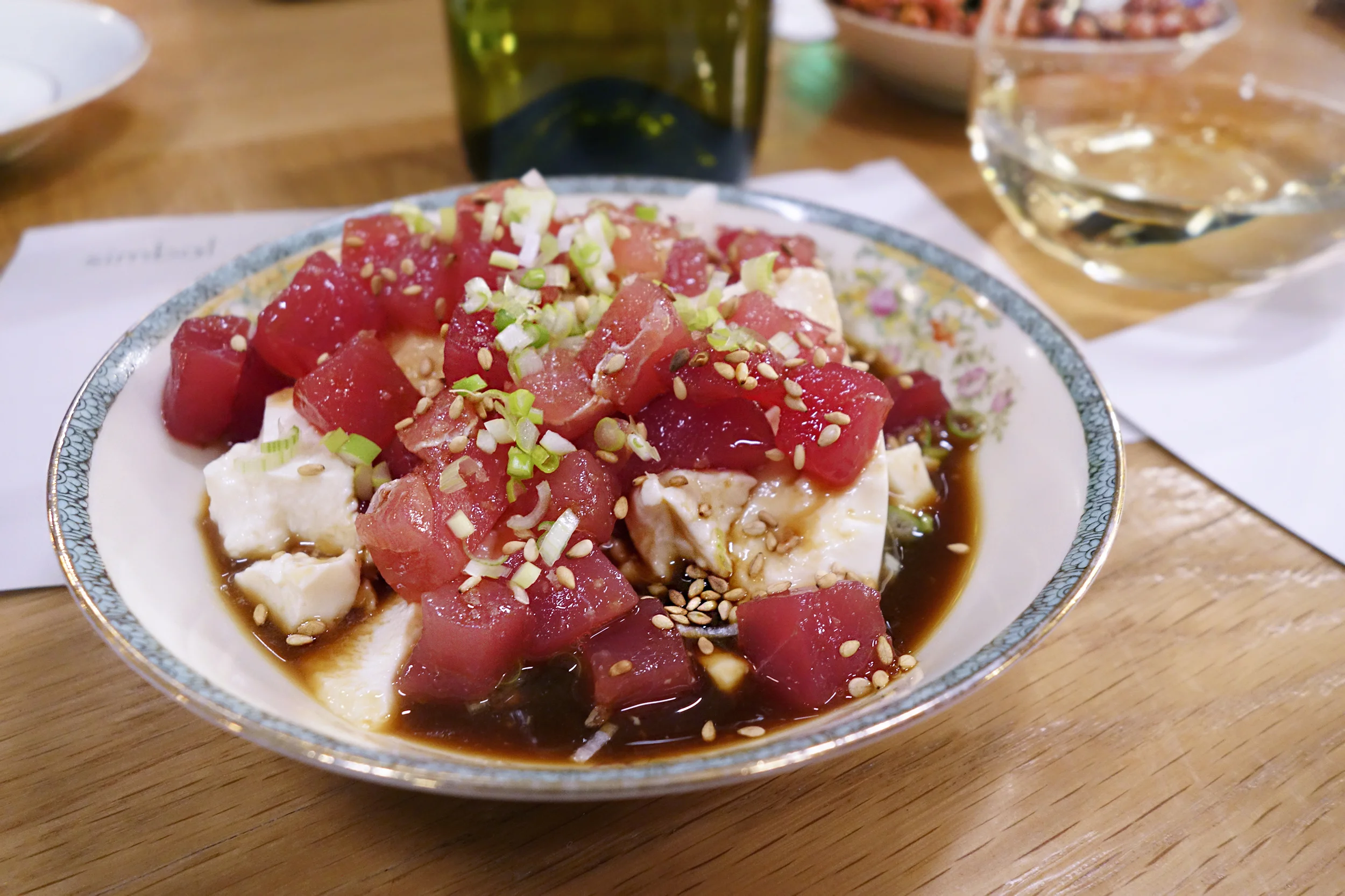 Fresh Meiji tofu, tuna, ponzu, sesame seeds, scallions