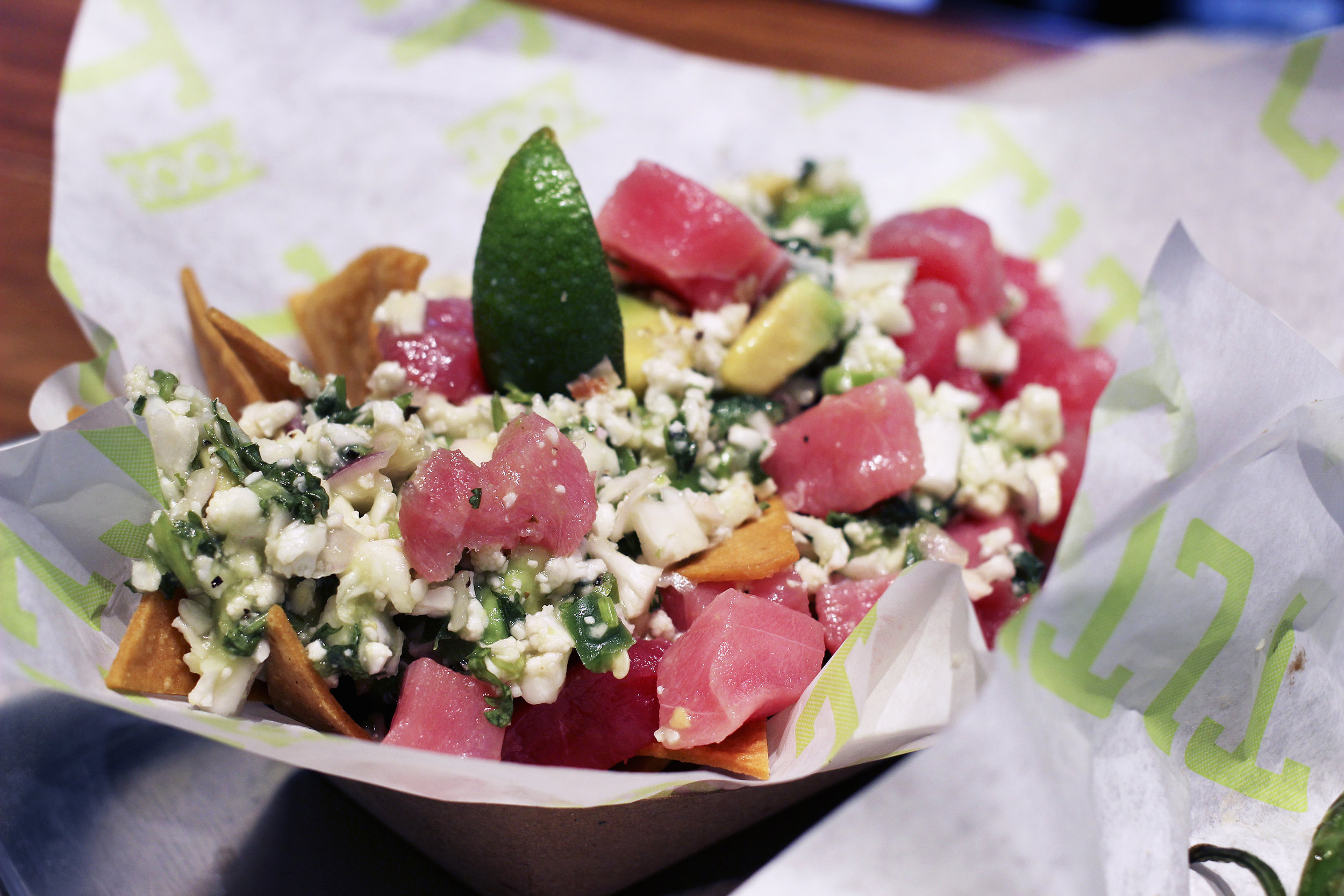 Cali Ceviche - Cauliflower, Avocado, Lime, Red Onion, Cilantro, Jalapeño, Corn Tortilla Chips. Additional charge to add tuna.