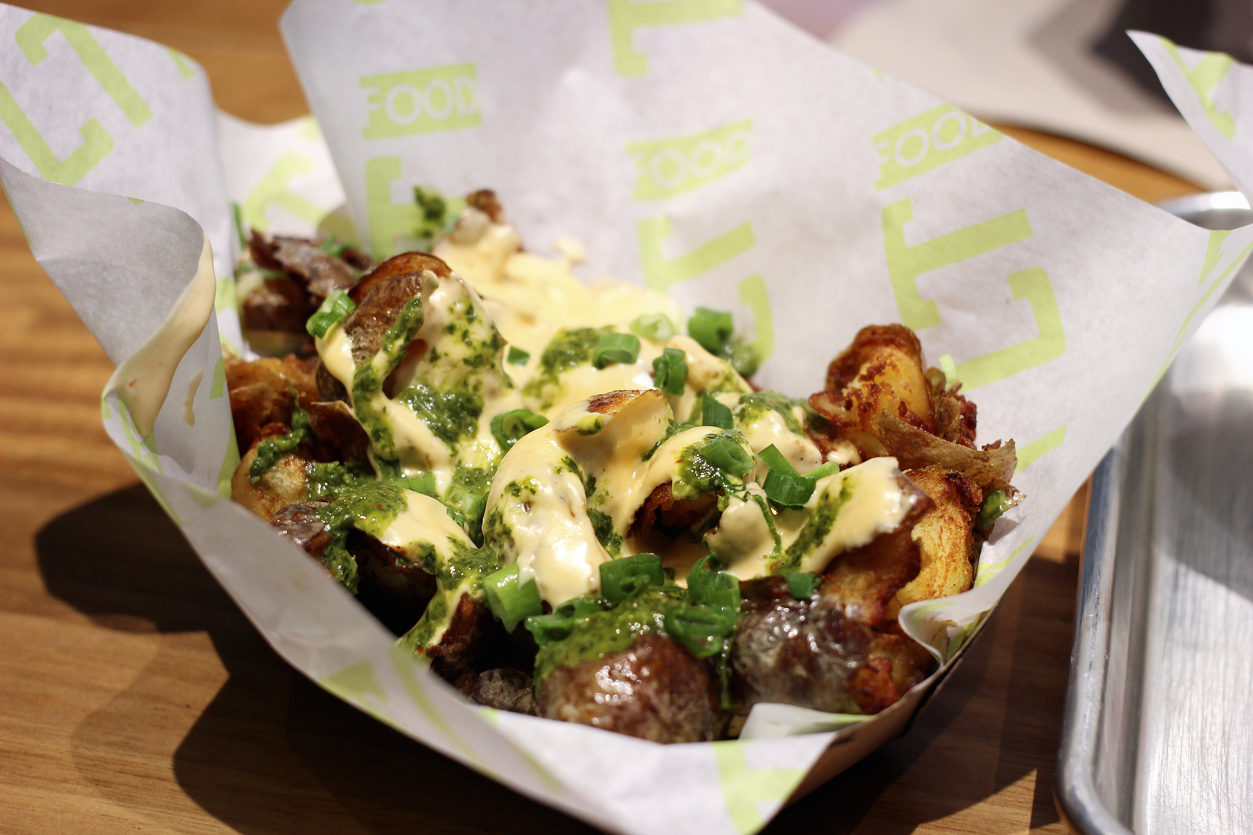 Pee Wee Potatoes - Cheese Sauce, Chimichurri, Scallions (these were freaking GOOD)