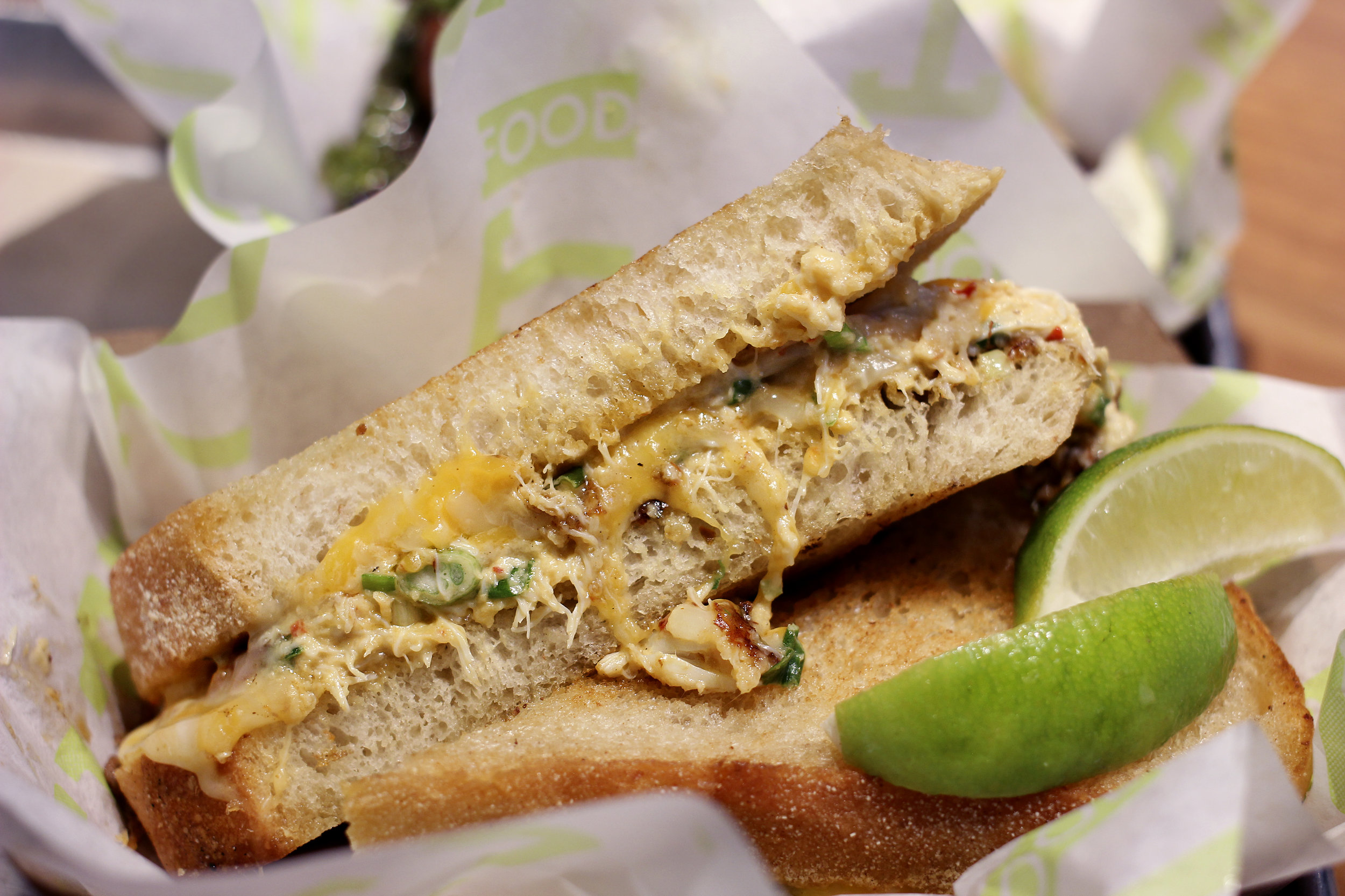 Blue Crab Grilled Cheese - Blue Crab, Cheese Blend, Scallions, Jalapeños, Sambal, Grilled Sourdough. No Substitutions (For $12, this was worth it.)