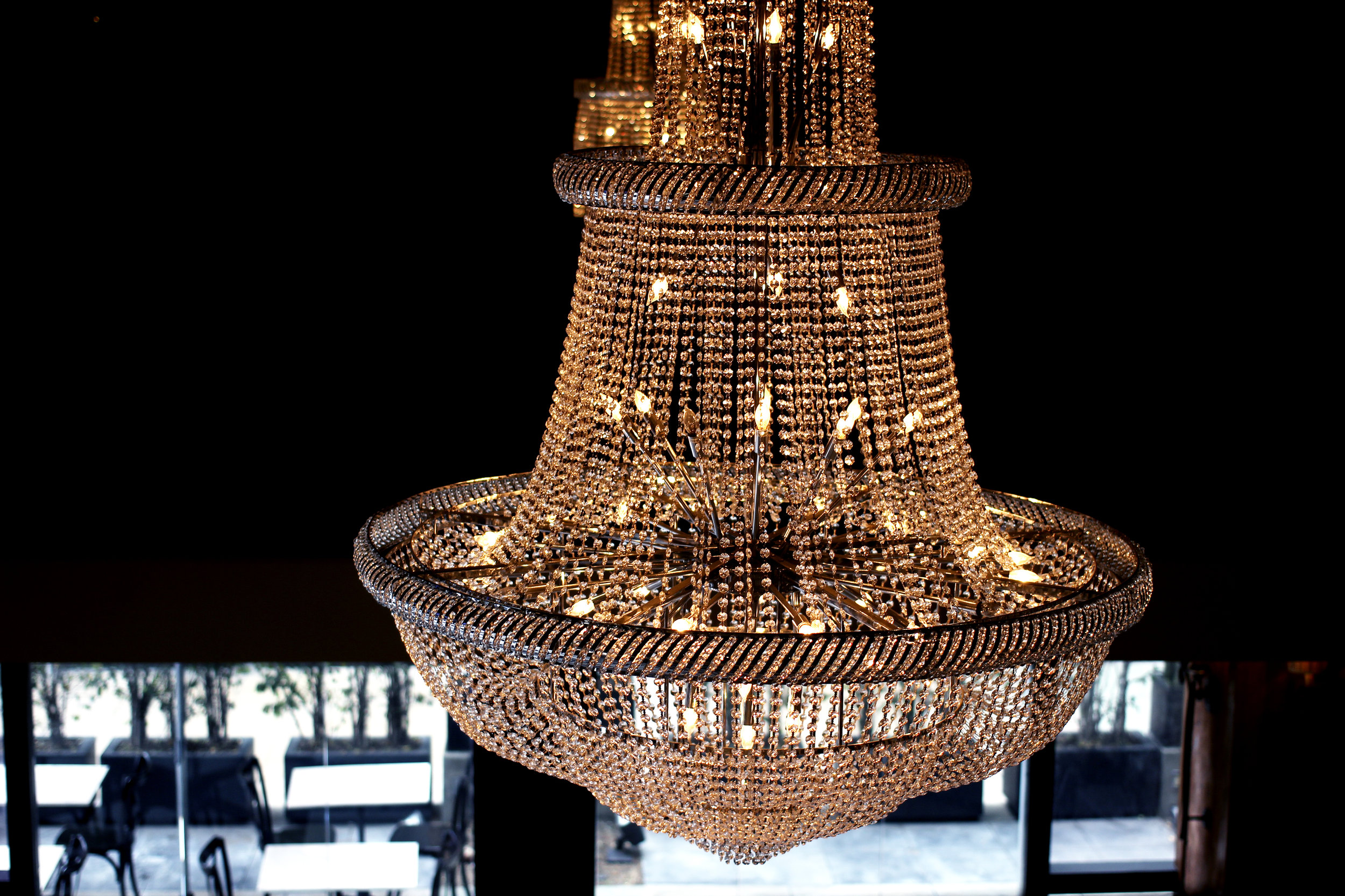 Chandelier from bar view.