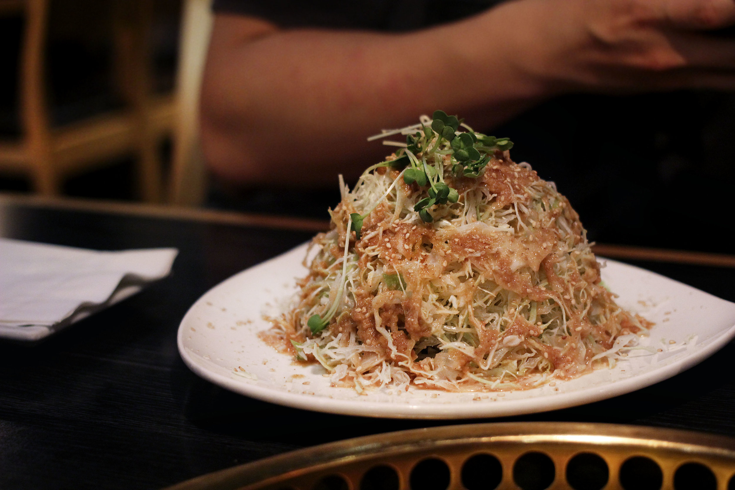 Cabbage slaw - Thinly sliced with garlic soy dressing. Delicious and refreshing. This was definitely a palate opener. 