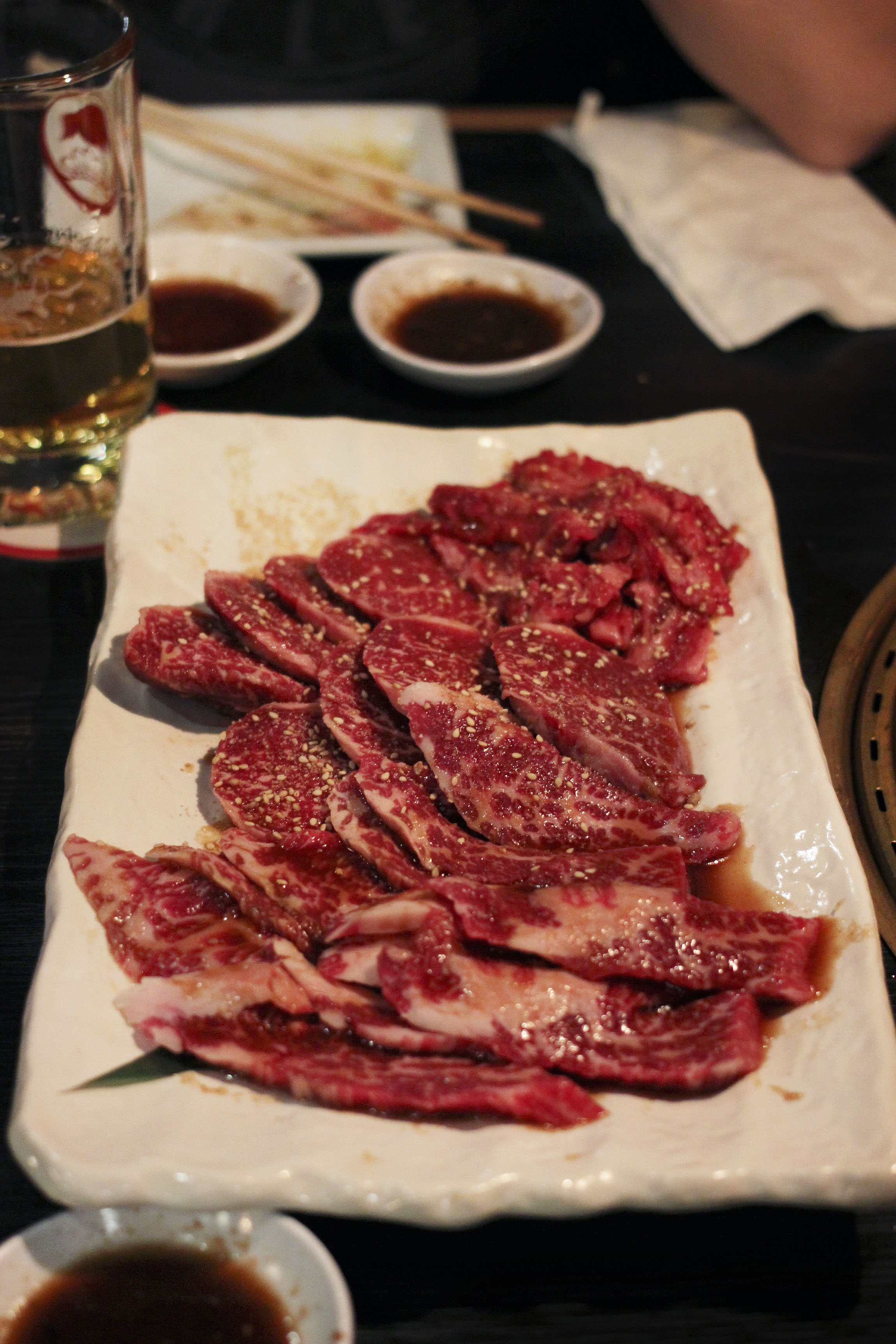 Platter of Kobe marinated short ribs, Kobe marinated Rib Eye, Kobe marinated Finger Meats.