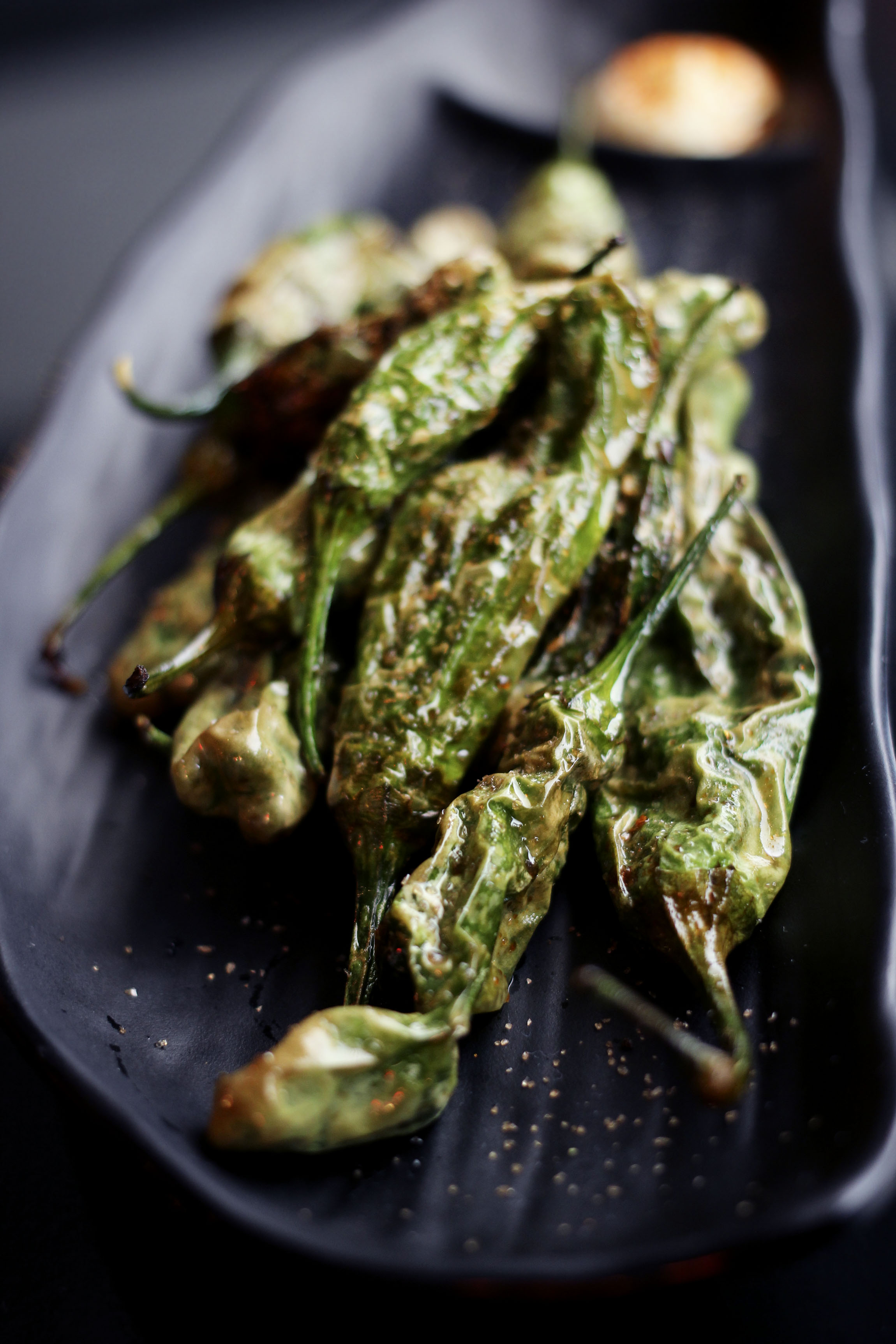 Smoky Shishito Peppers - Flash fried with a mild yuzu aioli.