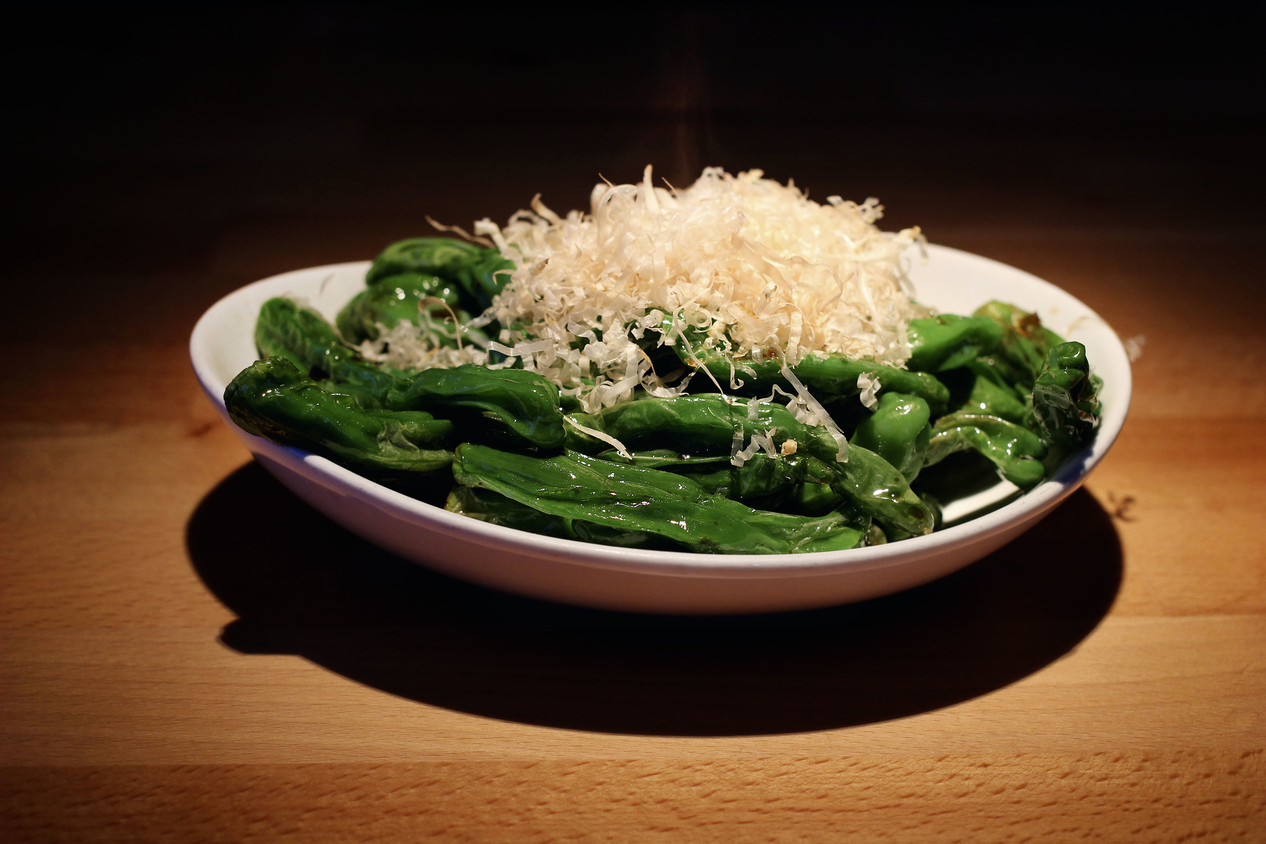 Shishito Peppers With Dried Bonito - One of my favorite appetizers. Simple, doesn't need much seasoning, and 1 out of 10 is spicy so may the odds be in your favor.