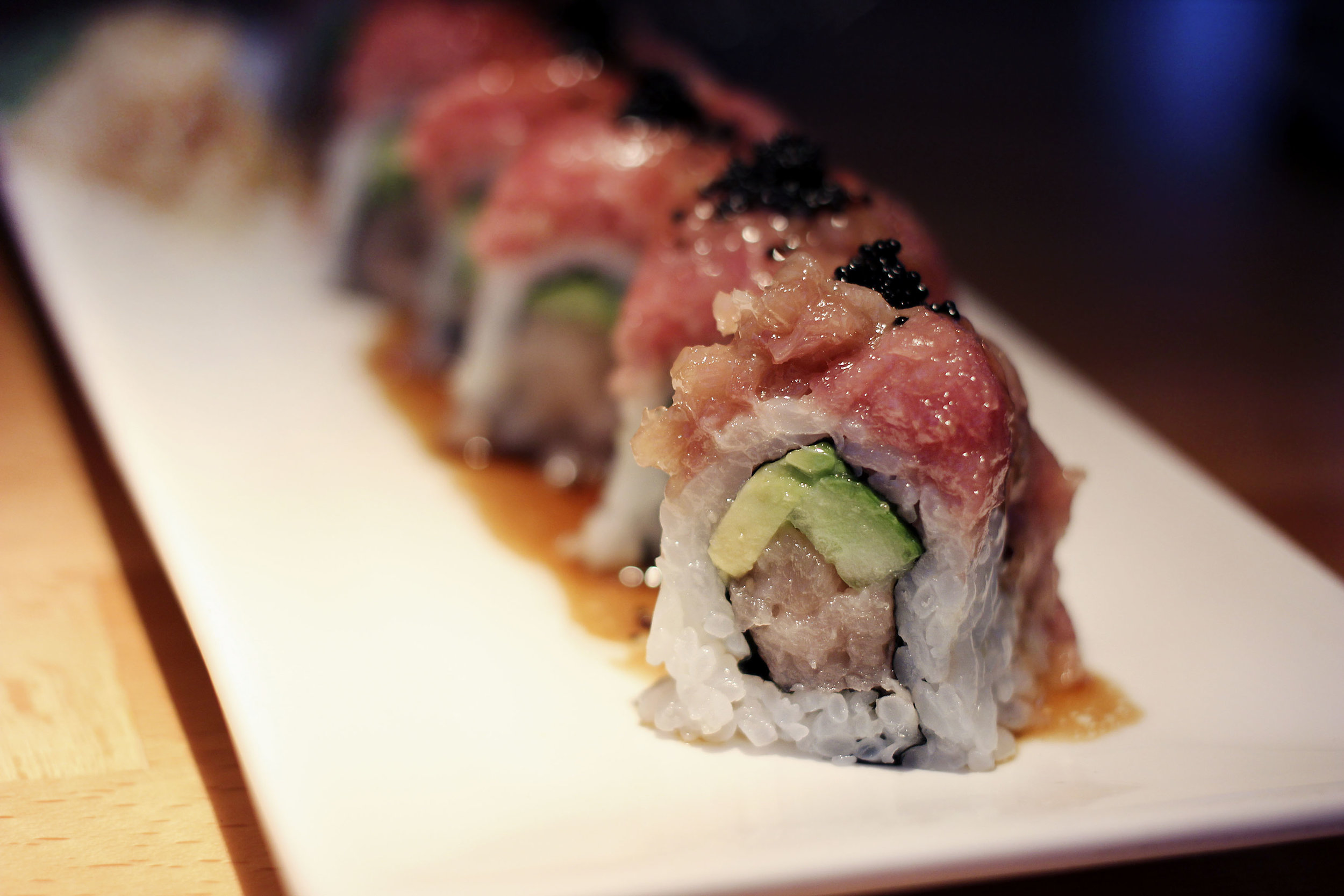 "Toro My Belly" - Ground Yellowtail, Albacore Belly, Topped with Chu Toro and Caviar. Melts in your mouth.