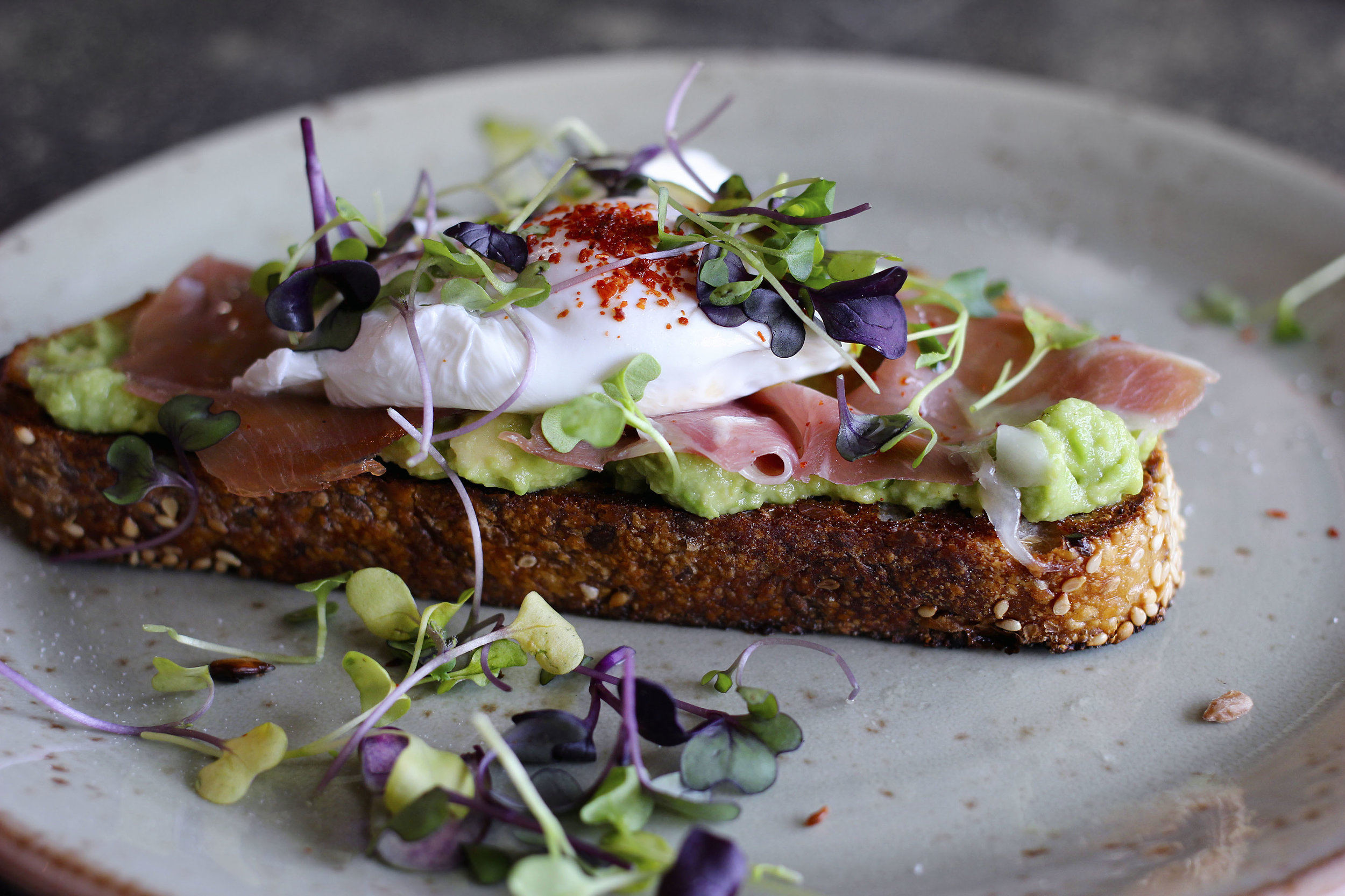Avocado & Prosciutto Toast poached egg, aleppo pepper & micro greens