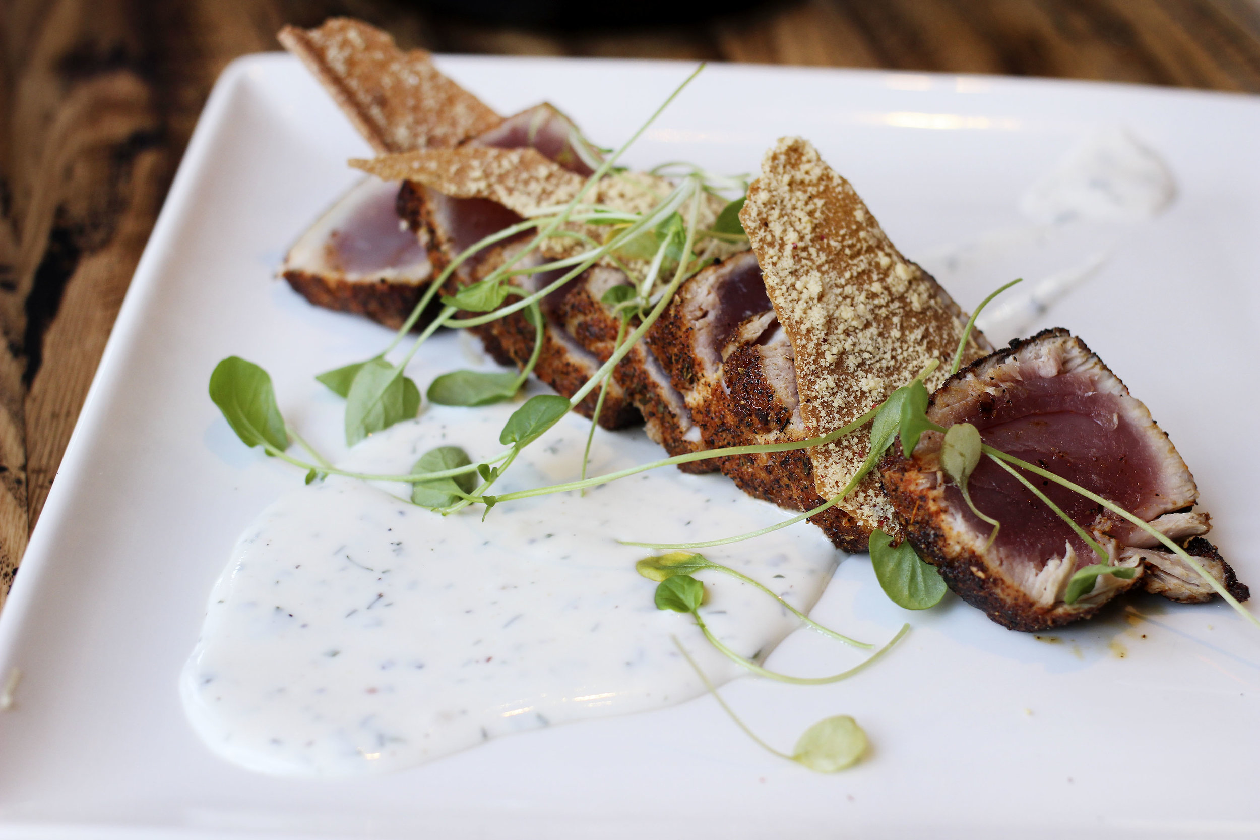 Grilled Ancho-Crusted Albacore Tuna -peppercress, pink peppercorn, lavosh, dill sauc
