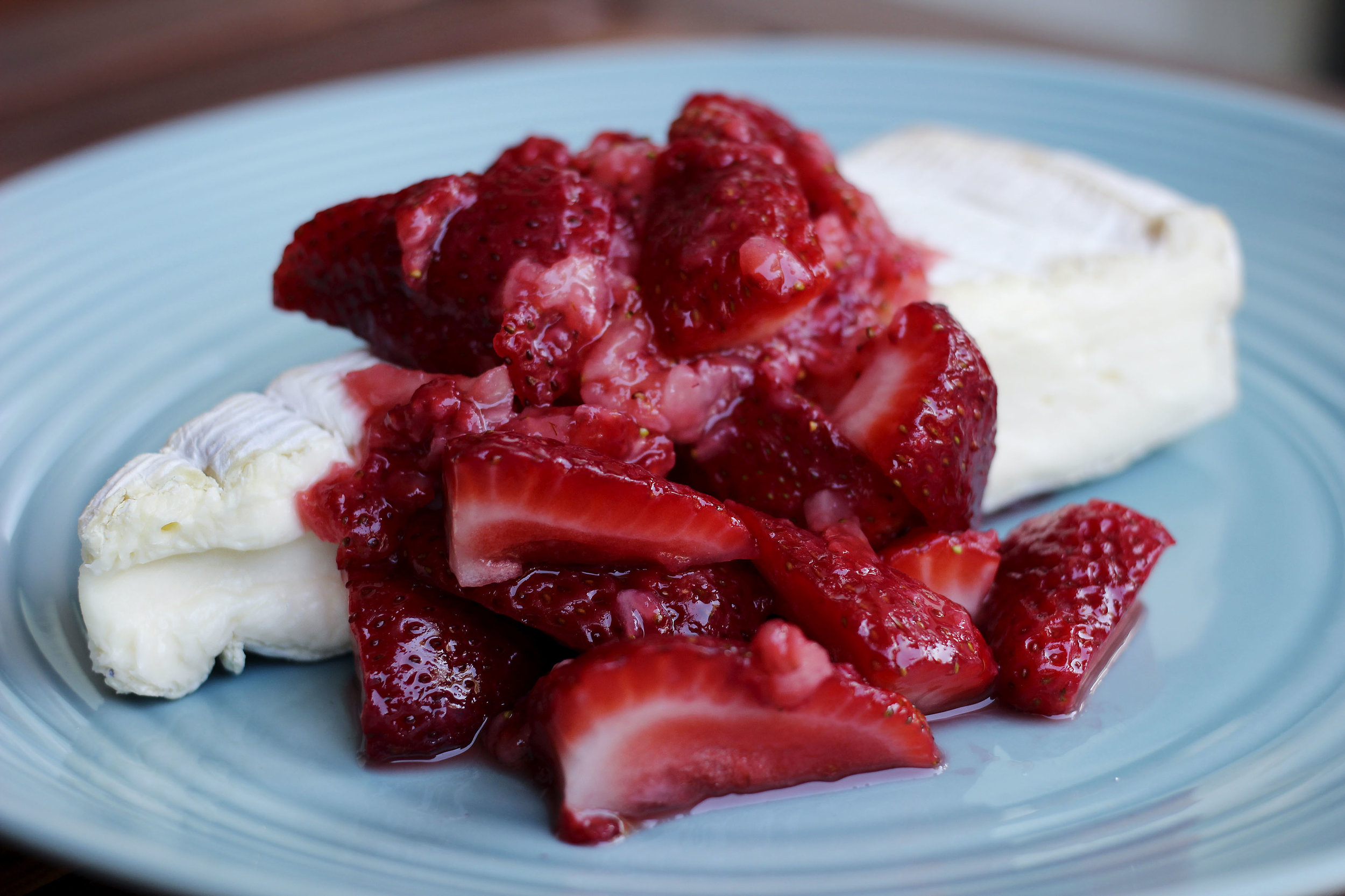 I macerated some strawberries to eat with the Brie . This was eaten with sunflower/flaxseed crackers. Drizzling some honey is also delightful. 