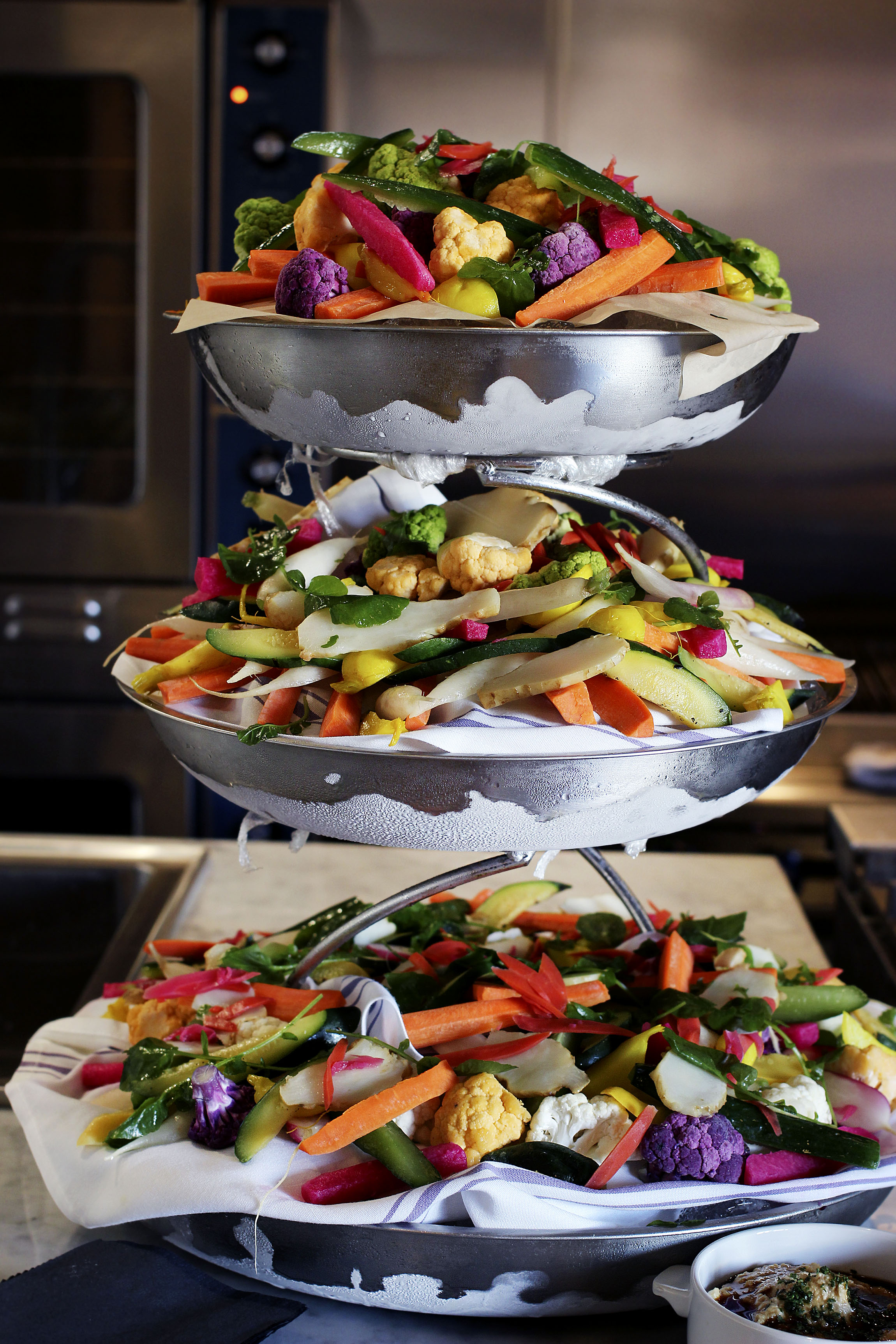 Amazing veggie tower with 2 dipping sauces.