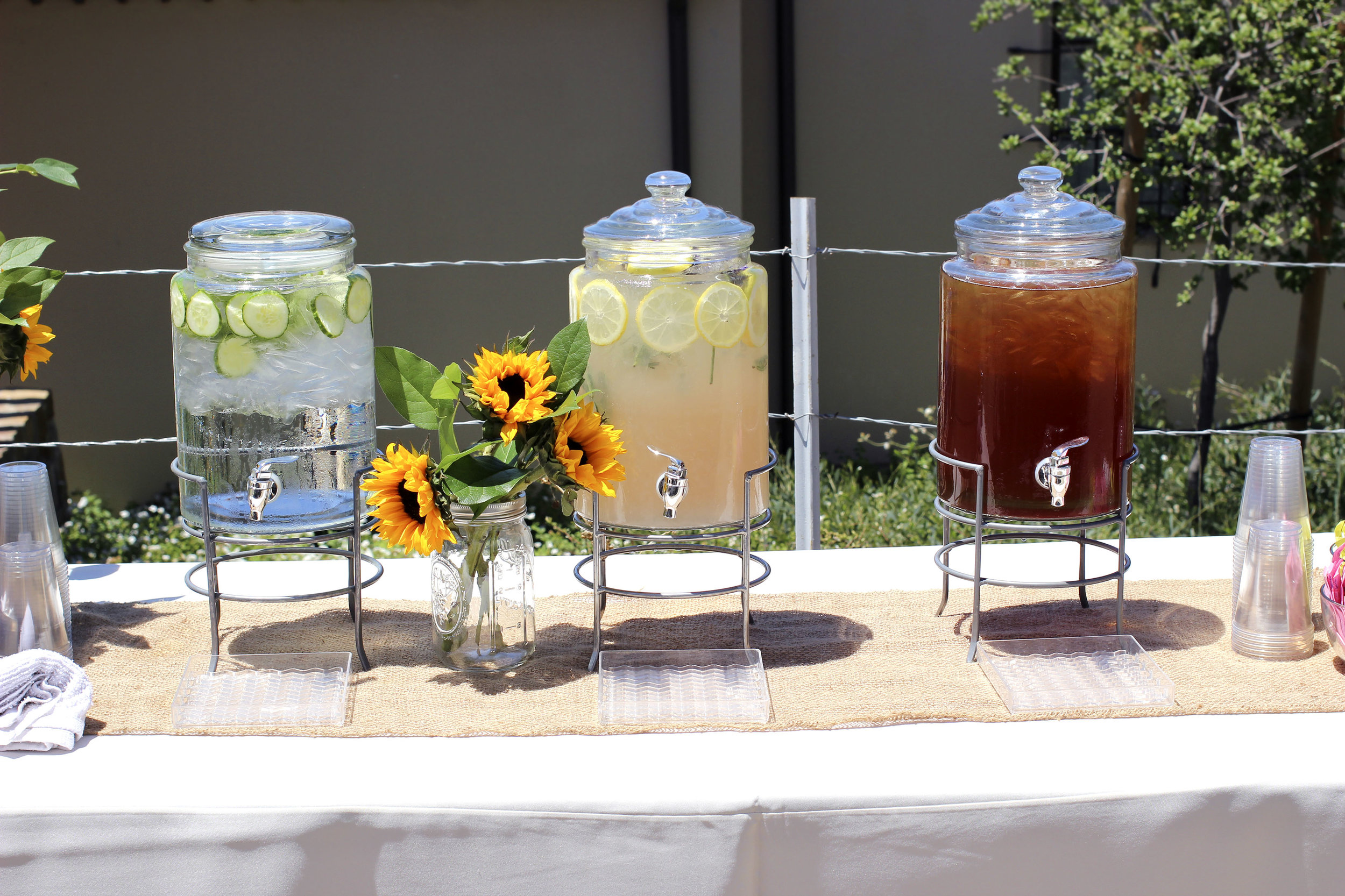 Cucumber water, Lavender Lemonade, Unsweetened Black Iced Tea