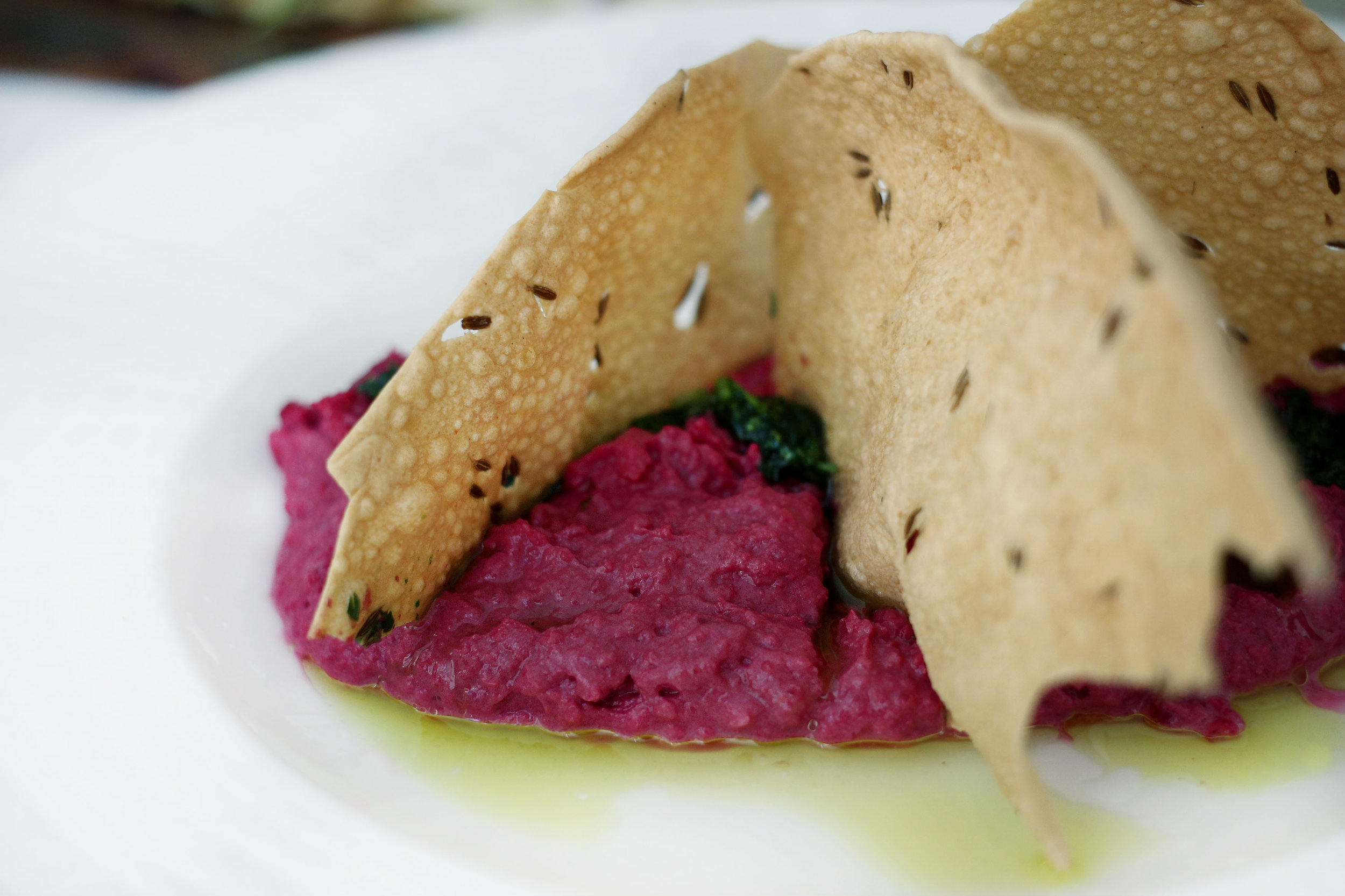 Beet Hummus - Toasted Cumin, Cilantro Pistou with Pappadam Crisps. ADDICTING.