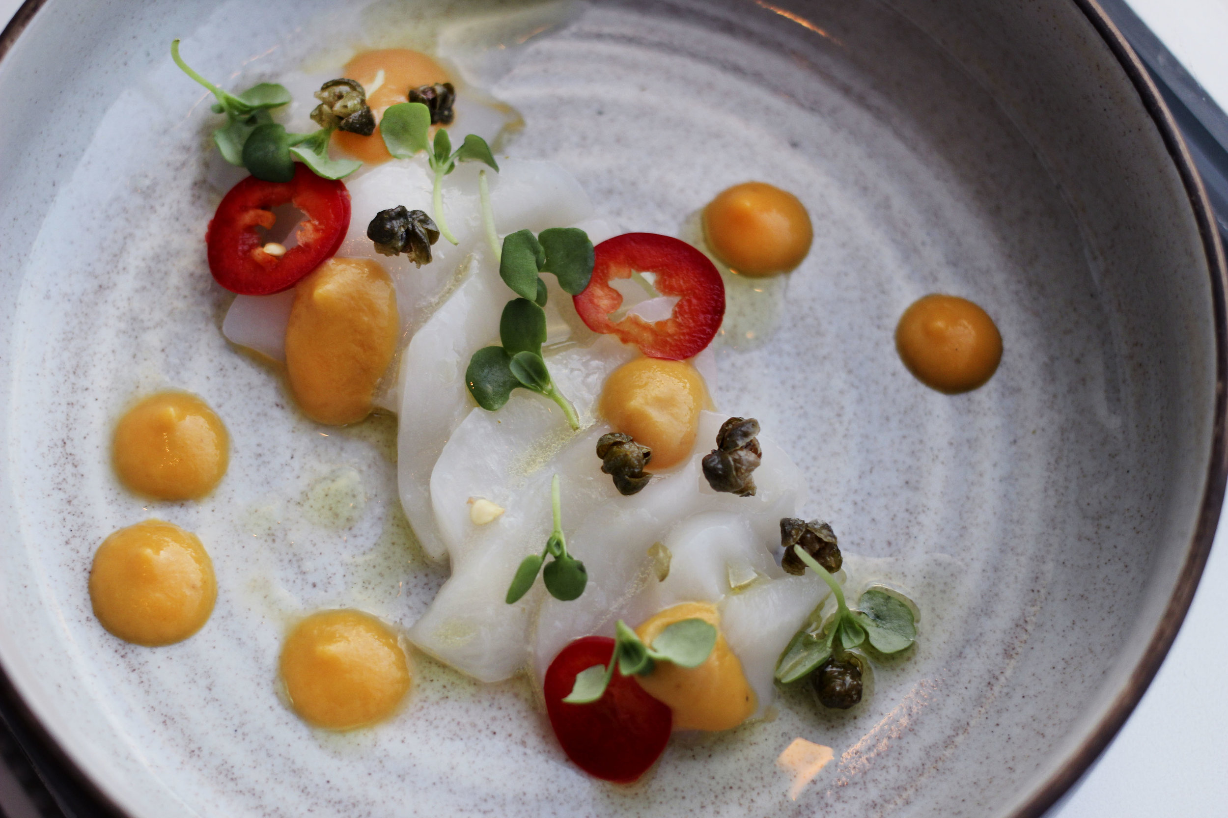 Crudo scallop, garlic oil, capers, tomato coulis fresno pepper