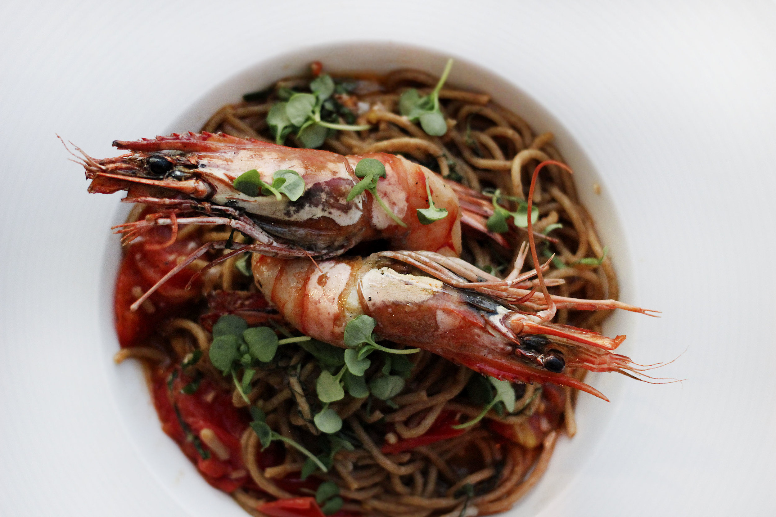 Prawns Pomodoro - locally milled wheat pasta, heirloom tomatoes garlic, basil