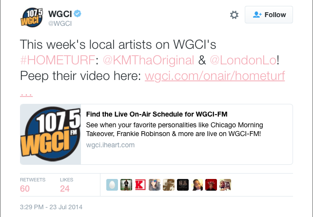 London Lo & KM Tha Original's song "Special One" made it on WGCI's #HomeTurf.