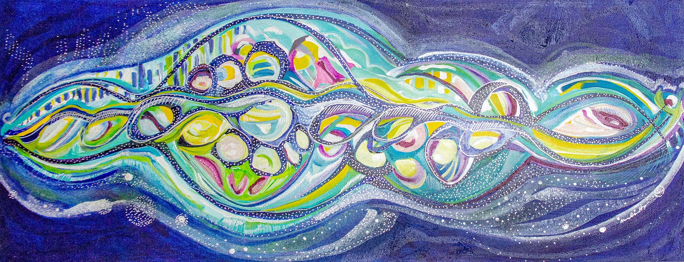 The Humpback Whale, The Soul Series; By Maureen Claffy 23 x 60 / fluid, metallic, and iridescent acrylics $3600 In private collection