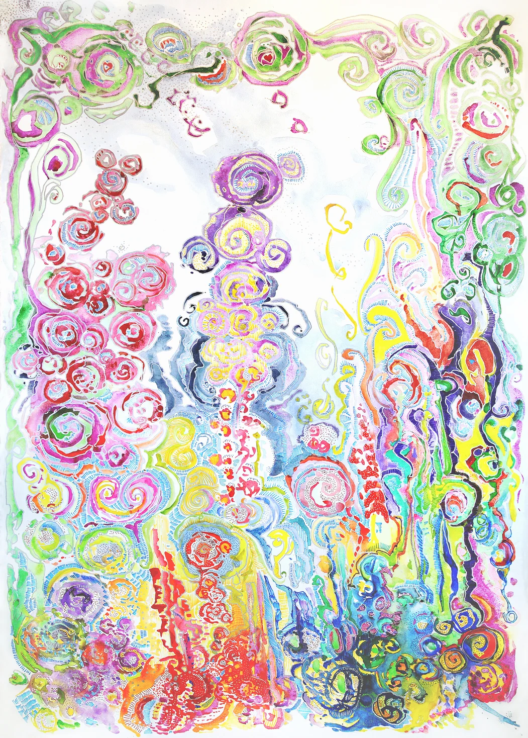 Joy In A Bottle, The Soul Series; By Maureen Claffy (80 x 51 / Watercolor, colored pencil and marker in Arches rough paper / in private collection $7500