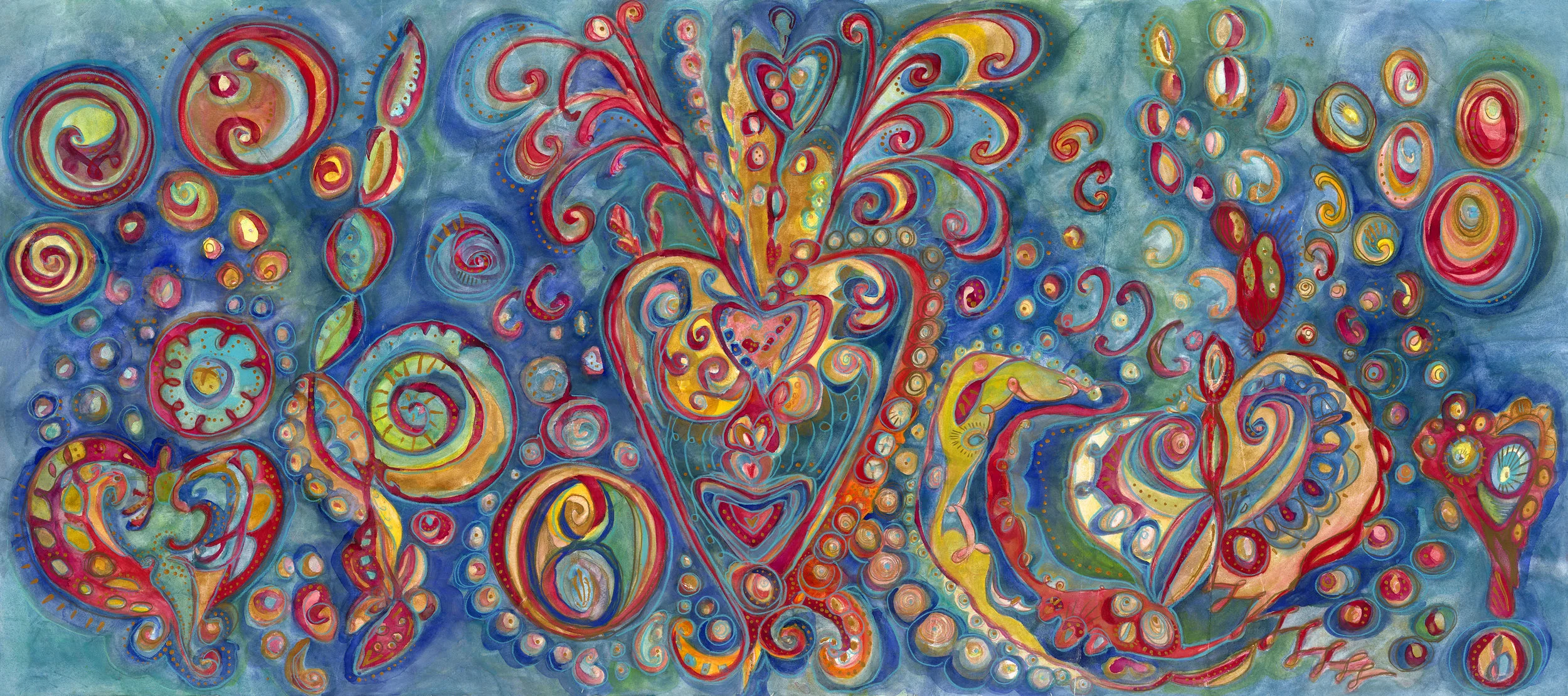 The Heart Sings, The Heart Series, 2019 Watercolor, metallic, iridescent mediums and colored pencil on Arches Oil Paper In Private Collection 28 x 63