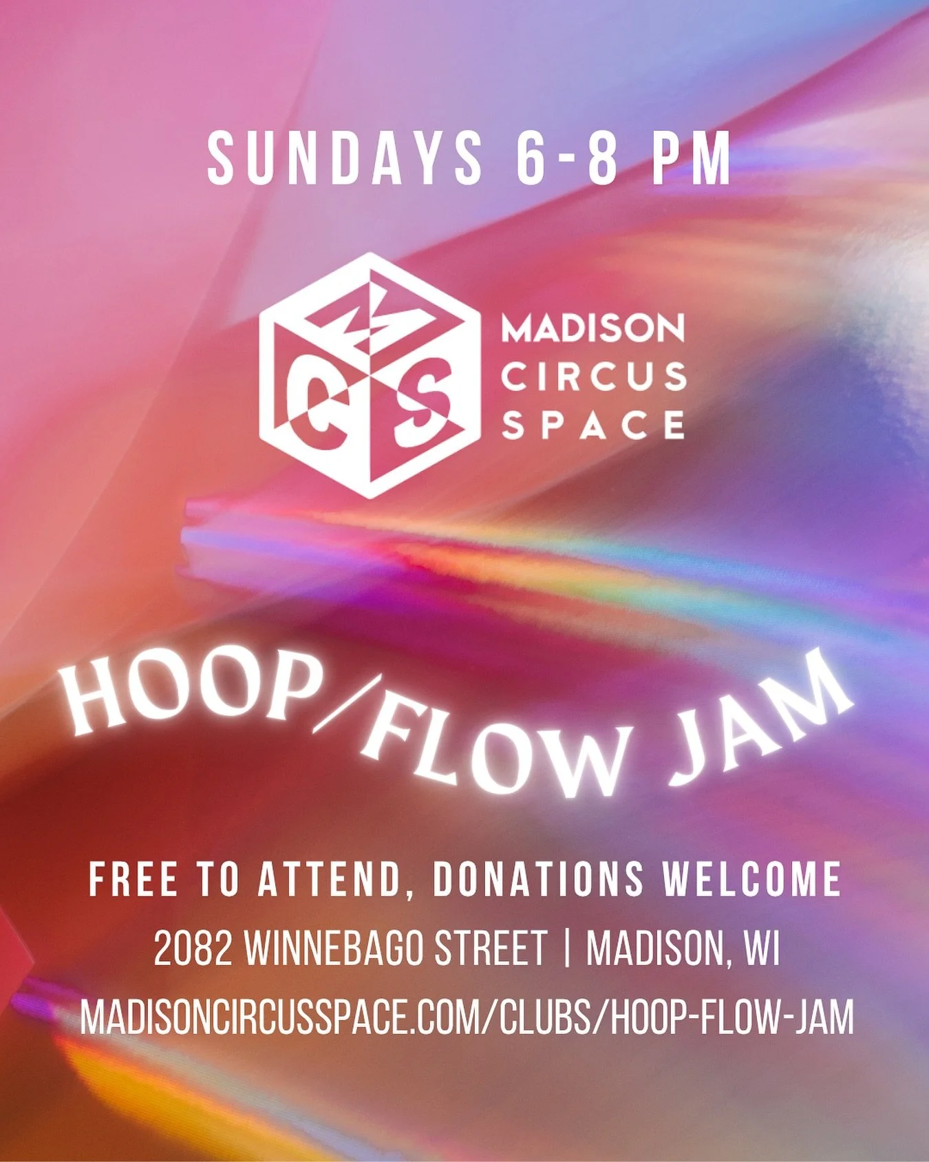 Hoop/Flow Jam returns to a weekly schedule starting 11/9! Come practice in our big beautiful space at @madisoncircusspace each week from 6 to 8 pm. These practice jams have no formal instruction, and are geared as a time to play, practice, and social