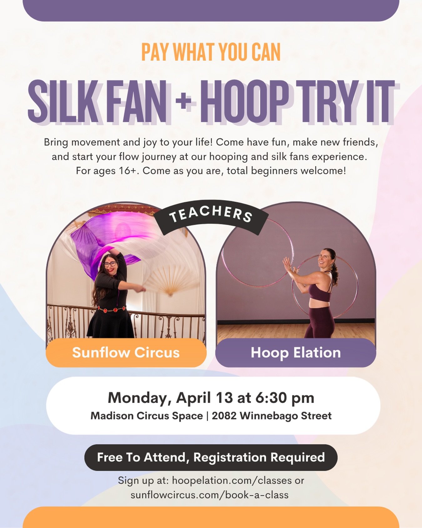 Sign up now for our silk fan + hoop try it! Free to attend, donations welcome! With teachers @sunflowcircus and @hoopelation 🌻✨

Bring movement and joy to your life! Come have fun, make new friends, and start your flow journey at our hooping and sil
