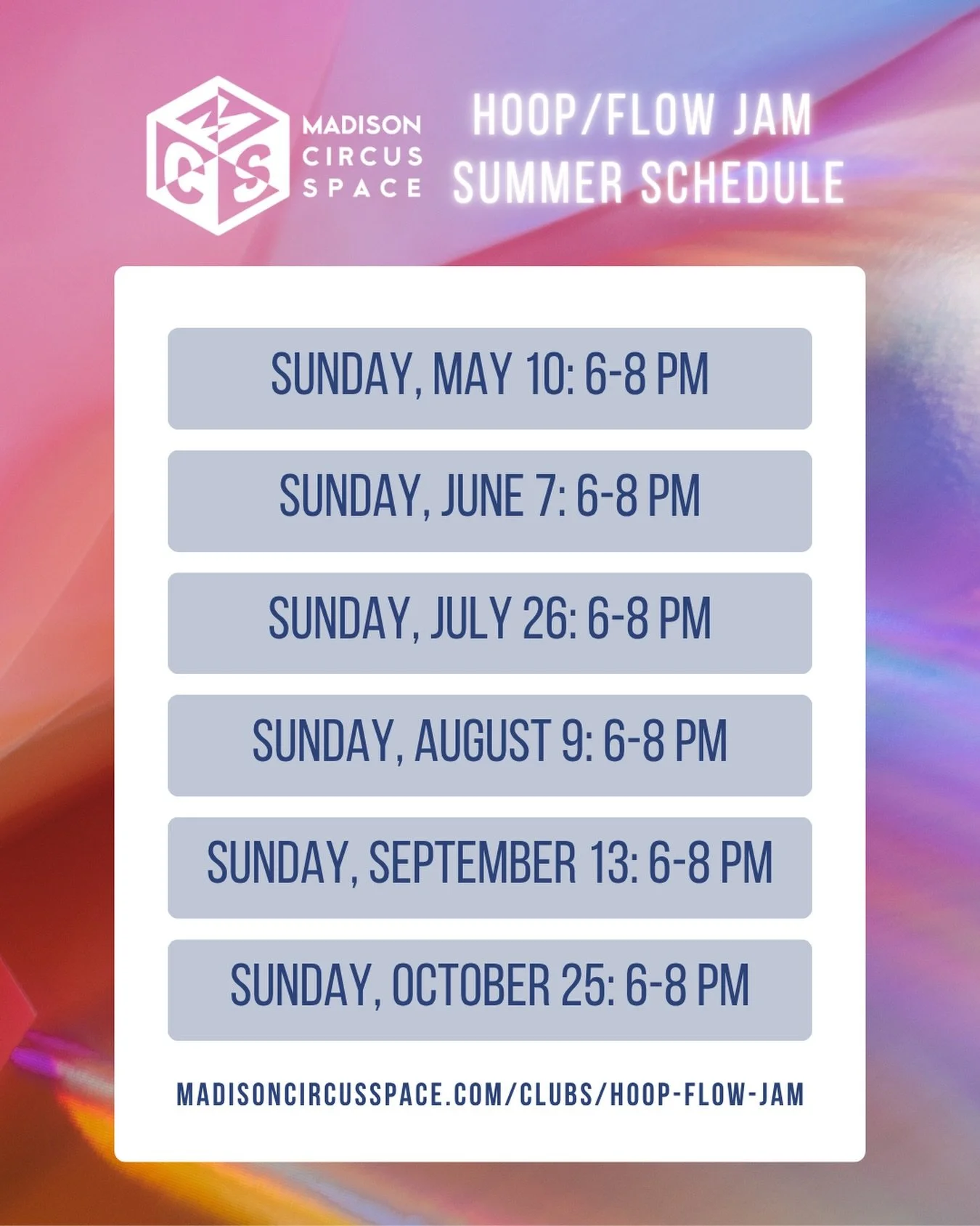 The Hoop/Flow Jam monthly summer schedule has officially arrived! Each meeting will happen from 6 to 8 PM and is free to attend, donations welcome! @hoopelation and @zneb97 look forward to hosting you at @madisoncircusspace ✨