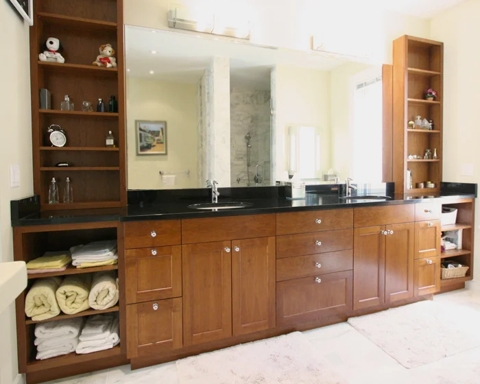 Solid cherry vanity and upper cabinets. Stained, with a clear finish. Great Falls, VA