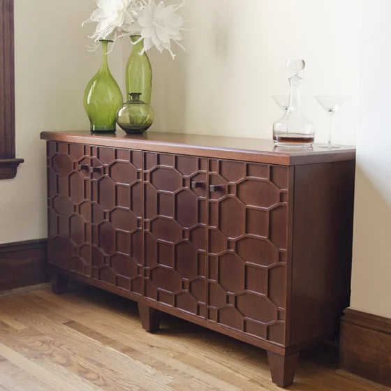 One of a pair of bar cabinets. Custom, laser cut filigree door details. Adams Morgan, DC