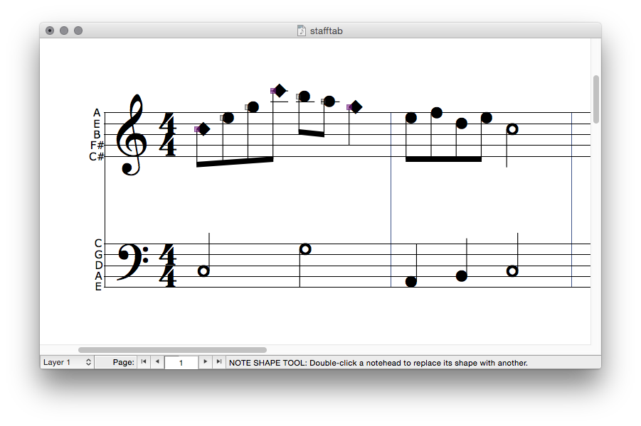The selected notes now have a diamond-shaped note head, noting that these notes should be played with the second finger.