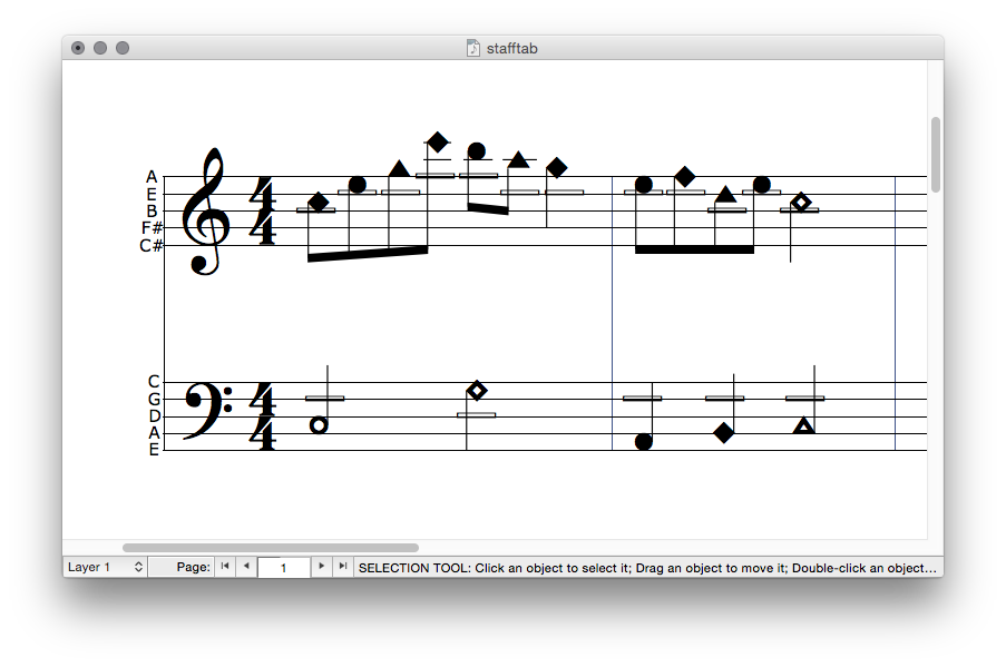The example with correct note shapes and string markers.