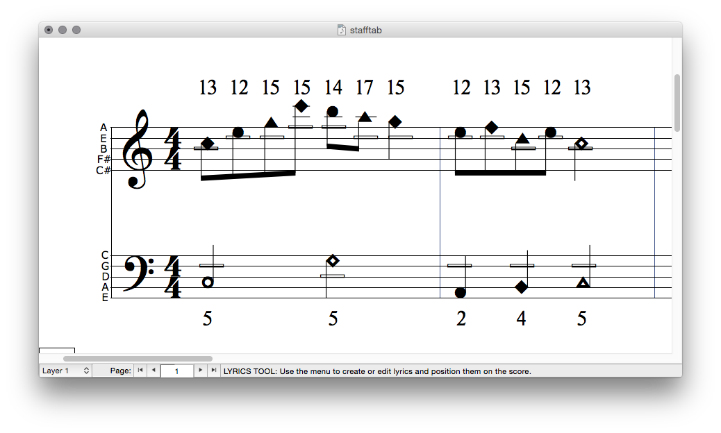 The complete example with note shapes, string markers and fret numbers.