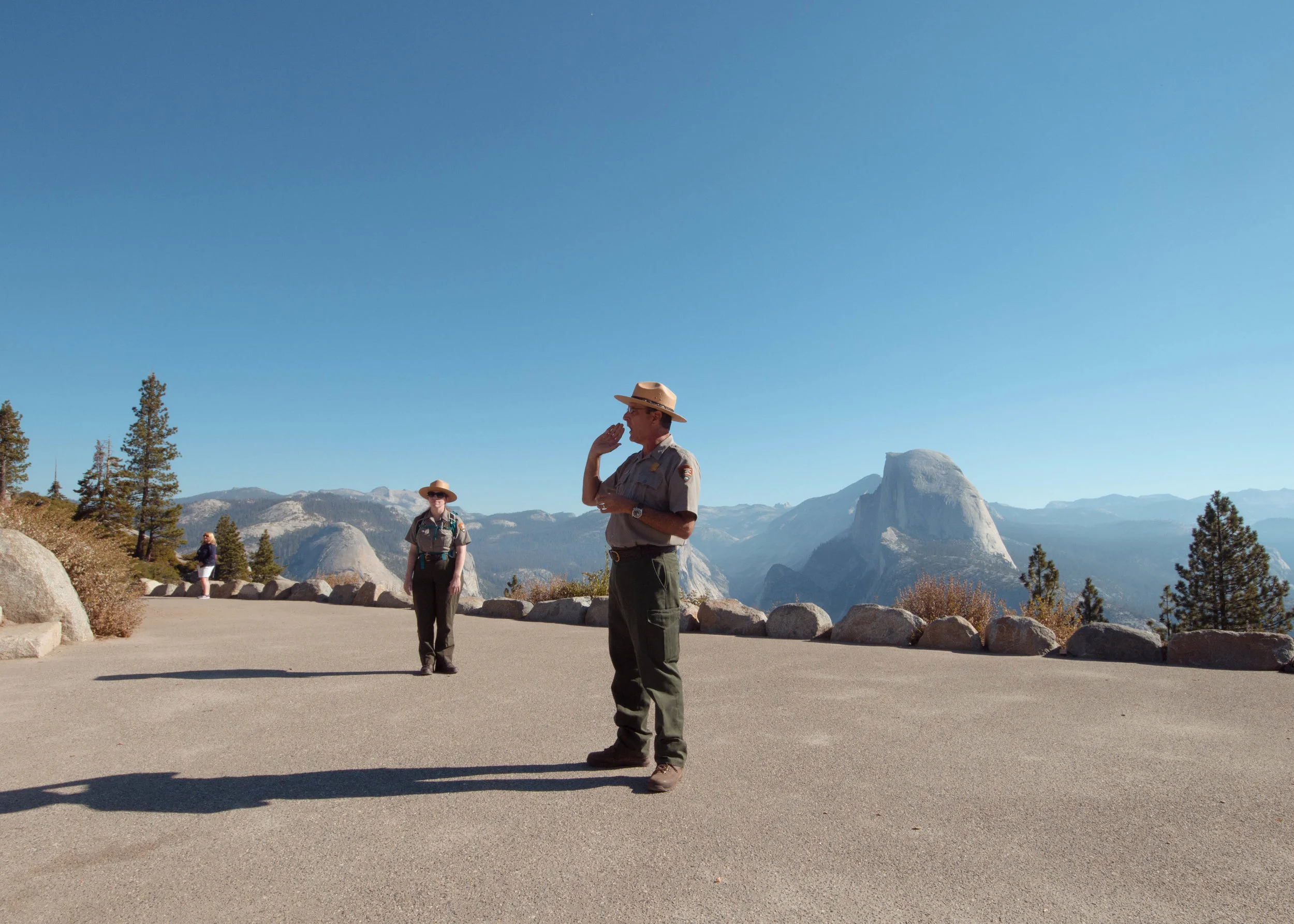Yosemite National Park Rangers introducing us to the park with Half Dome right behind.