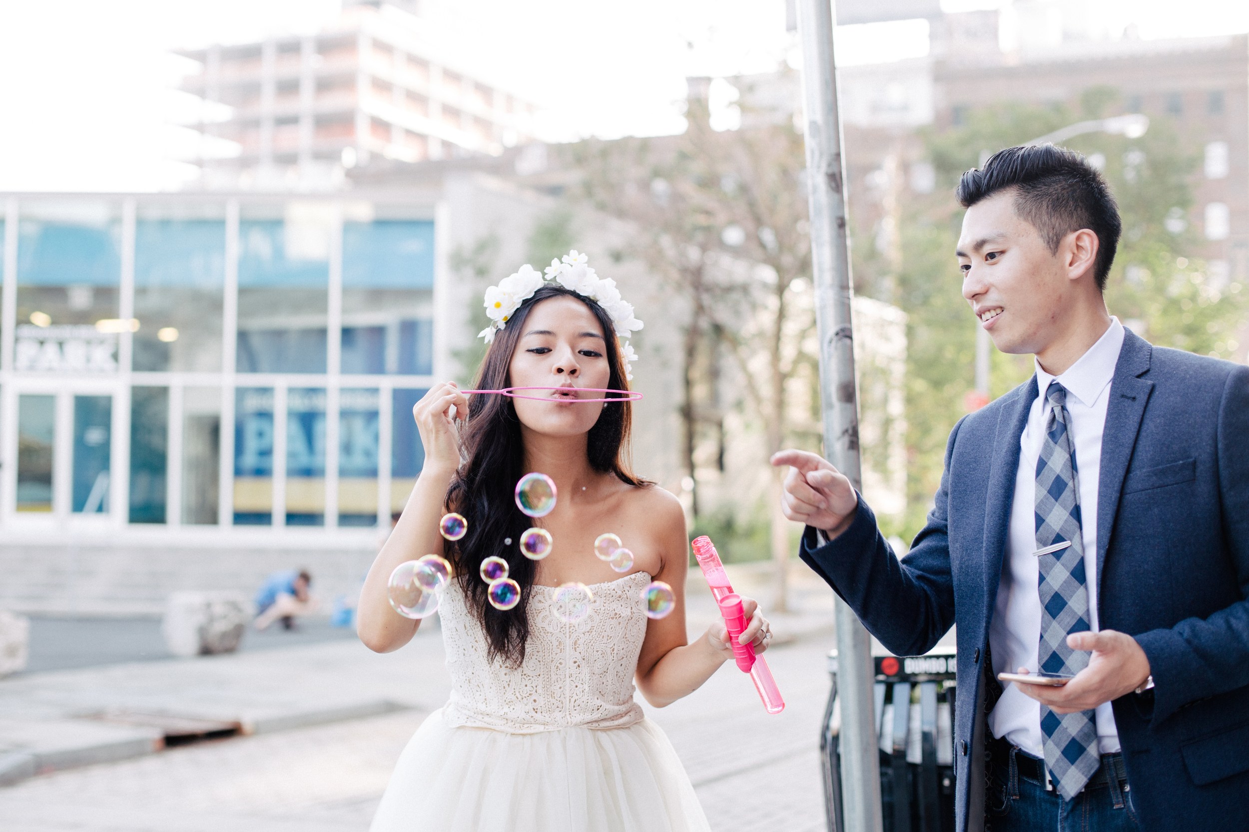 bright and airy couple shoot with bubbles in nyc