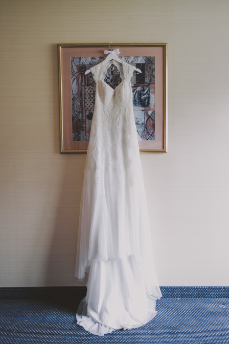 wedding dress hung up