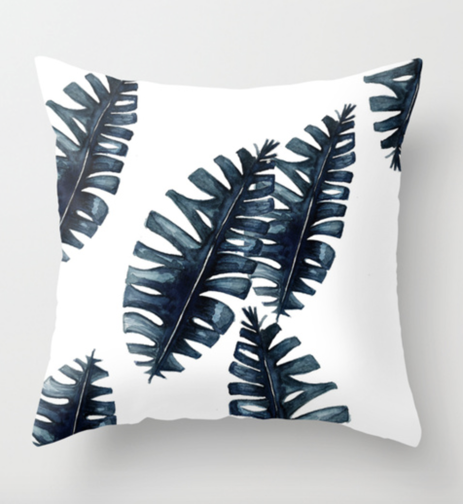 Blue Palm Leaf Throw Pillow