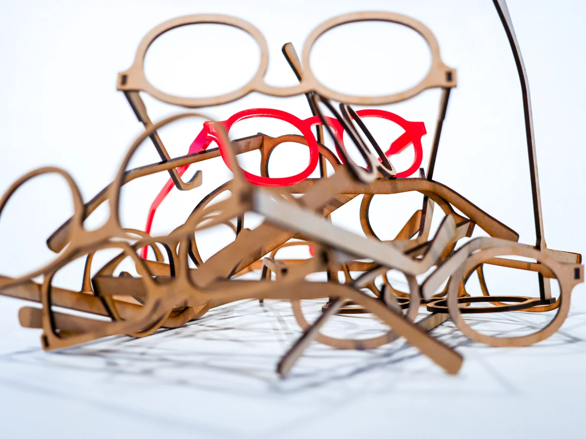I organized a week long event at MTRL where people could come any time of day and make a pair of glasses with the laser cutter. The aim of the event was to get people to start thinking about potential and unexpected uses for laser cutters. Guests could choose from three varieties of glasses that I designed to be assembled with no glue or screws. This is one of the photos I took to promote the event.