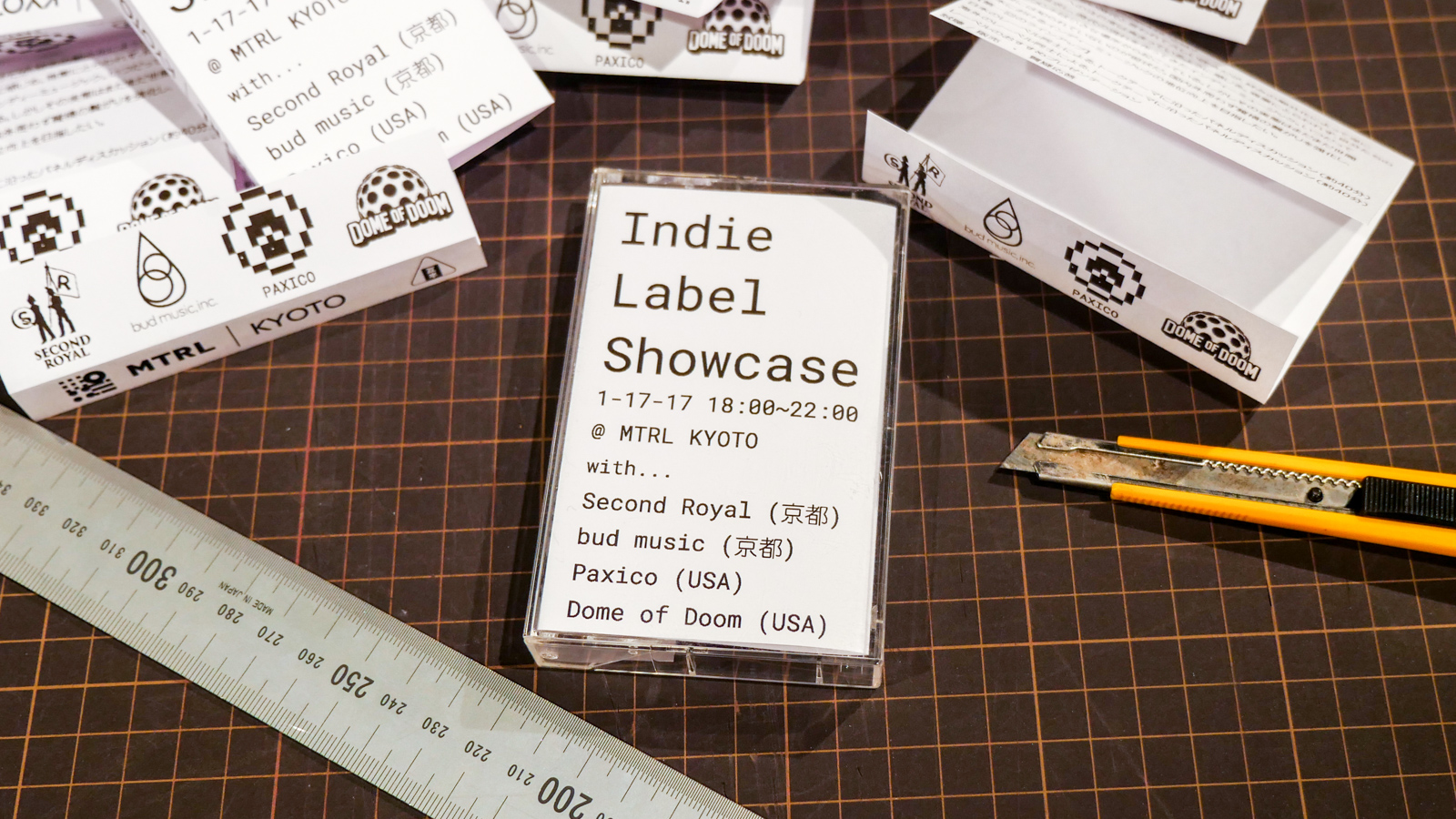 Rather than making a plain old flyer, I decided to come up with something a little more original and eye-catching so I made a cassette tape insert with all of the basic information for the event and left them at record stores all around Kyoto.