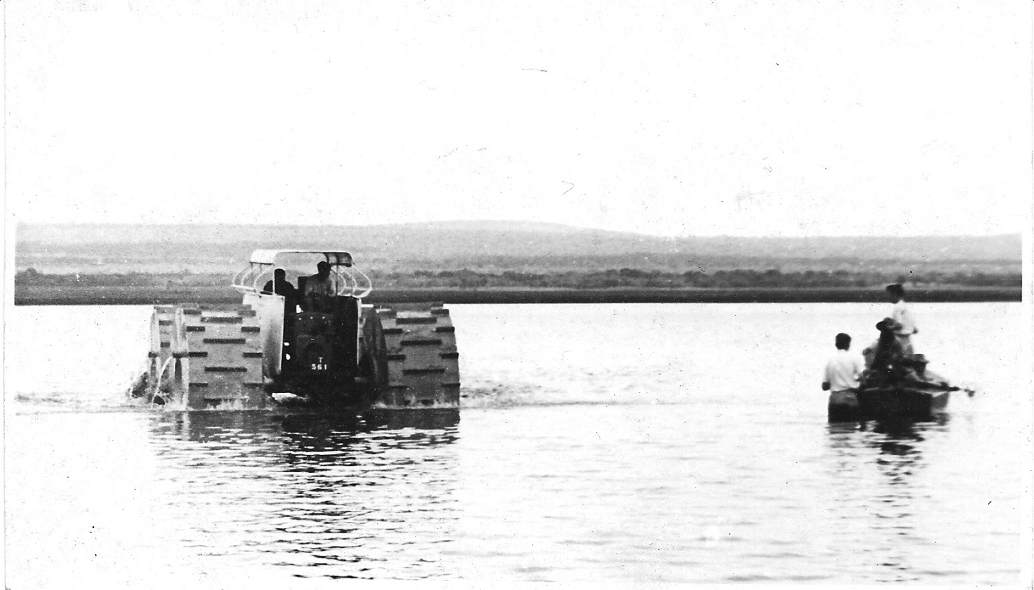 The IRLCS Swamp Skipper Trials. Afloat on 3 feet of water. The Skipper was designed and built in Abercorn in the 1950s for locust control on Lake Rukwa.