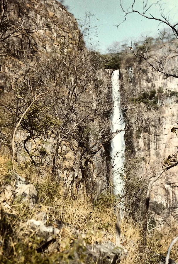 Kalambo Falls from the Tanzania side. In low water it is possible to cross along the low ridge just behind the lip of the falls. Best to be roped and a stout pole helps too. NOT for the faint hearted!