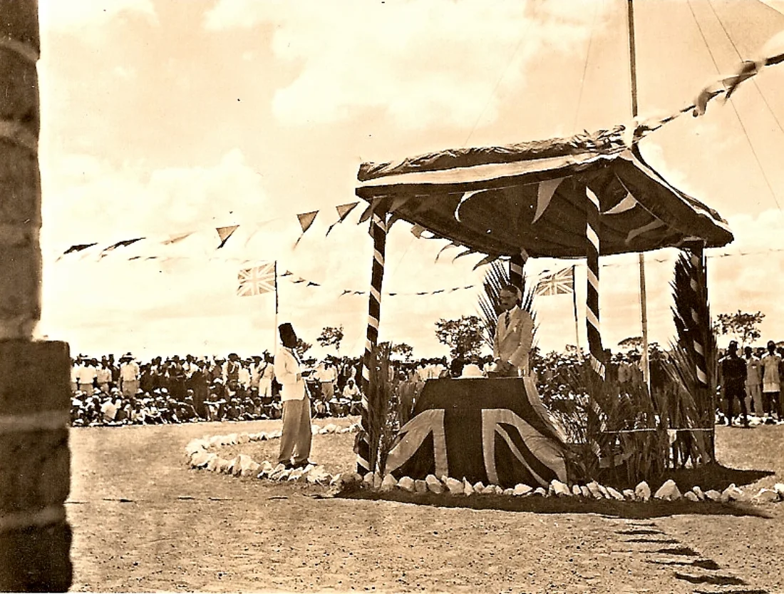 Mr Alan Chilemu, Herad Clerk at the Boma addressing the District Commissioner at the 1945 Abercorn Victory Celebrations. Courtesy Denis Mayne. See Articles Abercorn People for Mr Alan Chilemu's Obituary by J. H. Venning.