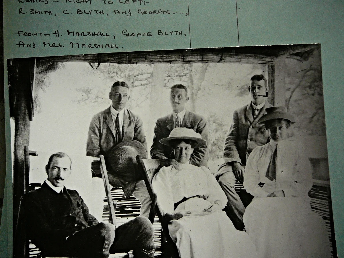  Front row : Hugh Marshall, Mrs Grace Blyth of Jerico Farm and Mrs Marshall.  Back row: George? Blyth and Ronald Smith on right. Photo Livingstone Museum. 