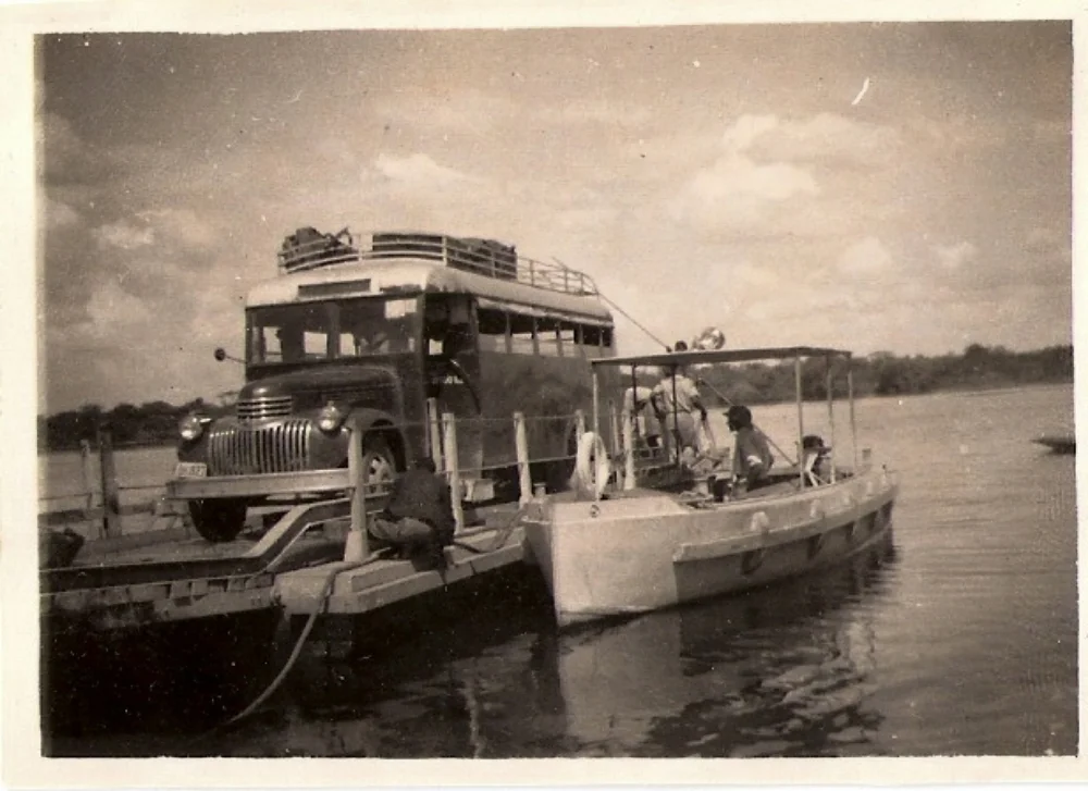The Pontoon at Chembe on the Luapula River across to the Congo Pedicle and provided a vital link to the Copperbelt. Photo 1948 Duncan Holland.