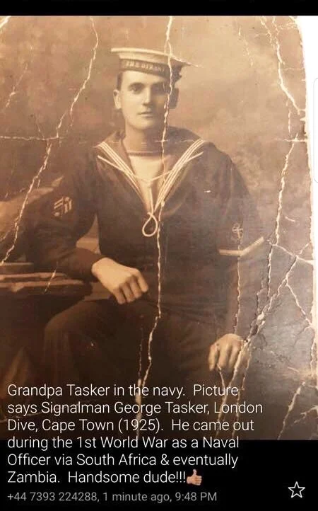 Leading Seaman George Tasker (Signalman) RN en route to Lake Tanganyika and the confrontation with the German Naval forces on the lake. Mr Tasker returned to Abercorn after the First World War and was a well known resident for many years. He is buried in Abercorn Pioneer Cemetery. Photo courtesy Florence Shannon.