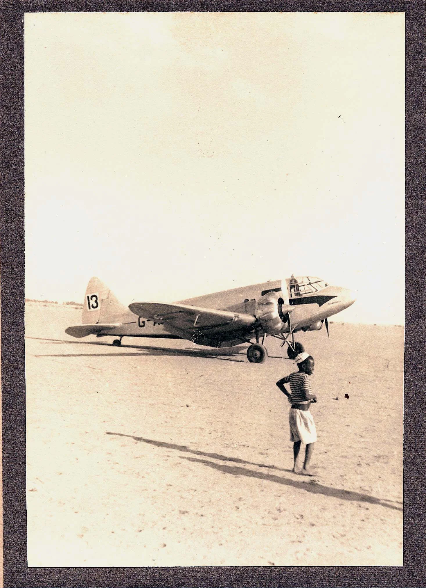 Derrick Peachey's Twin engine Airspeed Envoy that crashed at Abercorn airstrip in October 1936 while competing in the Portsmouth Johannesburg air race. Photo courtesy Annie Wilson née Peachey.